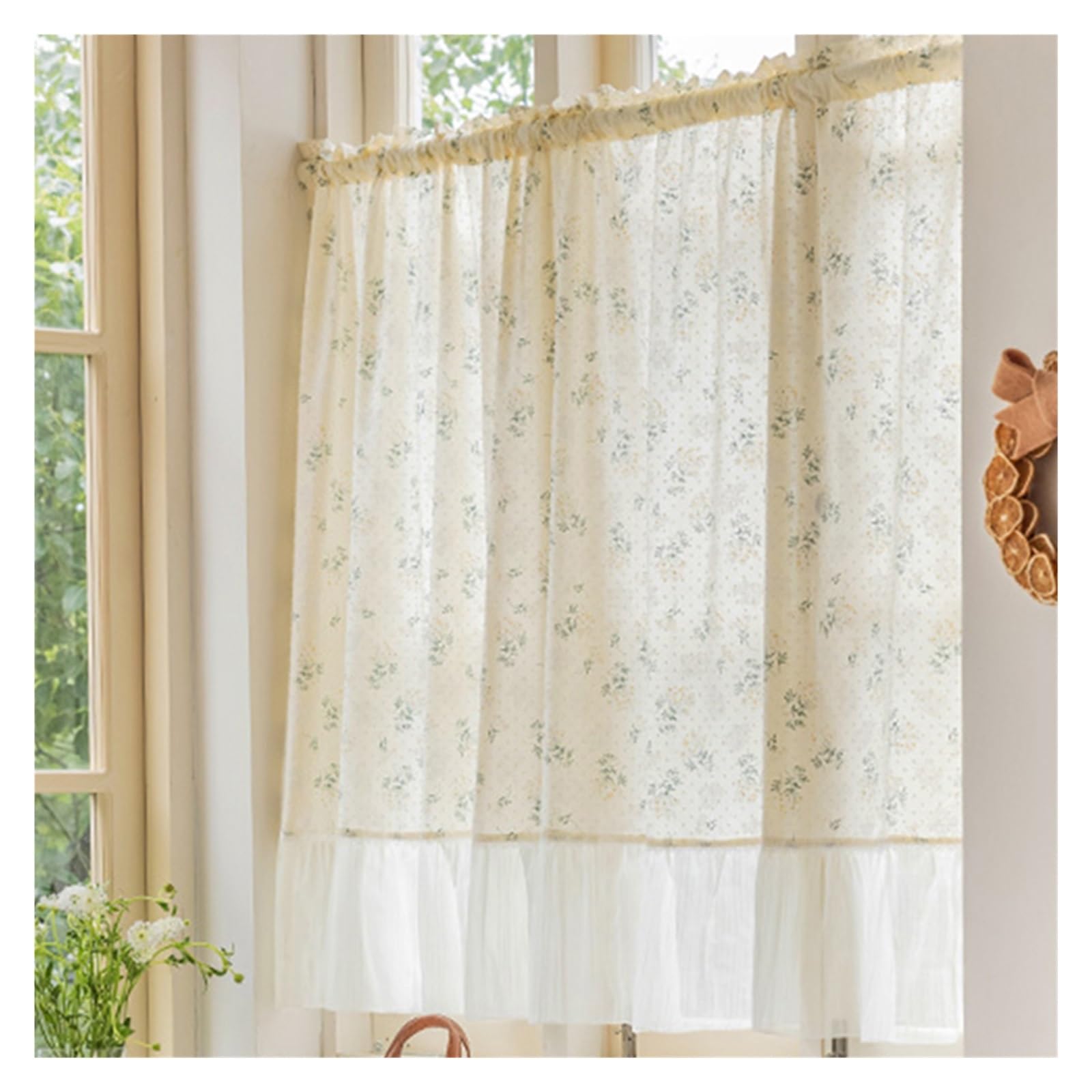 HBALDTEDC Curtains Ruffle Sheer Overlay, Chiffon Ruffled Lace Half Curtains Rod-Piercing Cotton Semi-Sheer Kitchen Multiple Sizes(W140xH260cm)