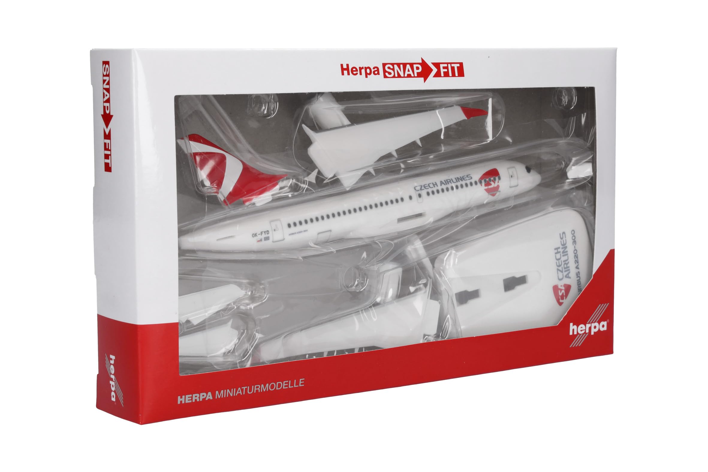 Herpa Snap-Fit Modellflugzeug CSA Czech Airlines Airbus A220-300, Miniatur im Maßstab 1:200, Sammlerstück, Modell mit Standfuß, Kunststoff, Weiß