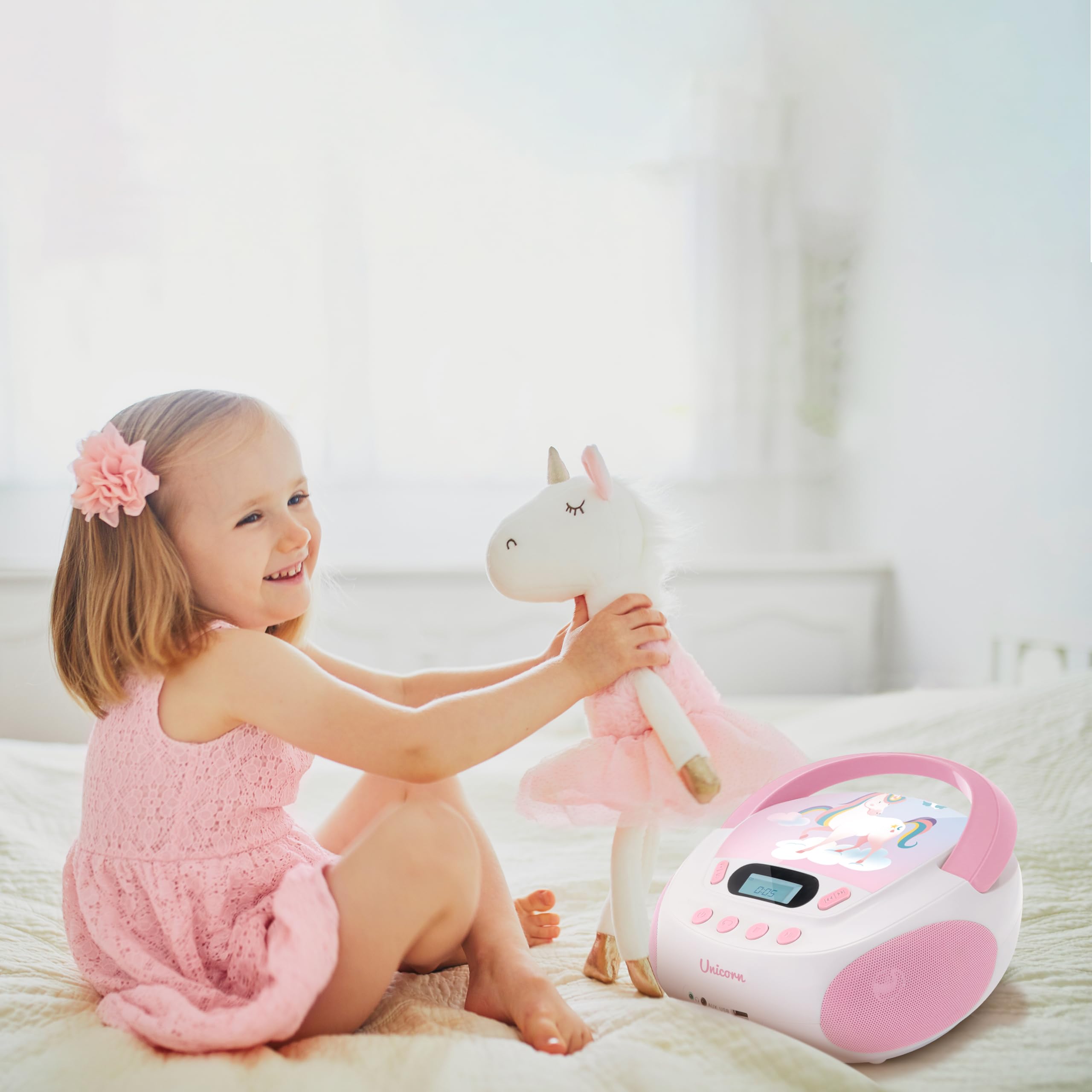 Mooov 477407 - Reproductor de CD portátil, Lector CD Audio CD-R/CD-RW, Puerto USB para MP3, Sonido estéreo de 6W, asa ergonómica, Unicornio