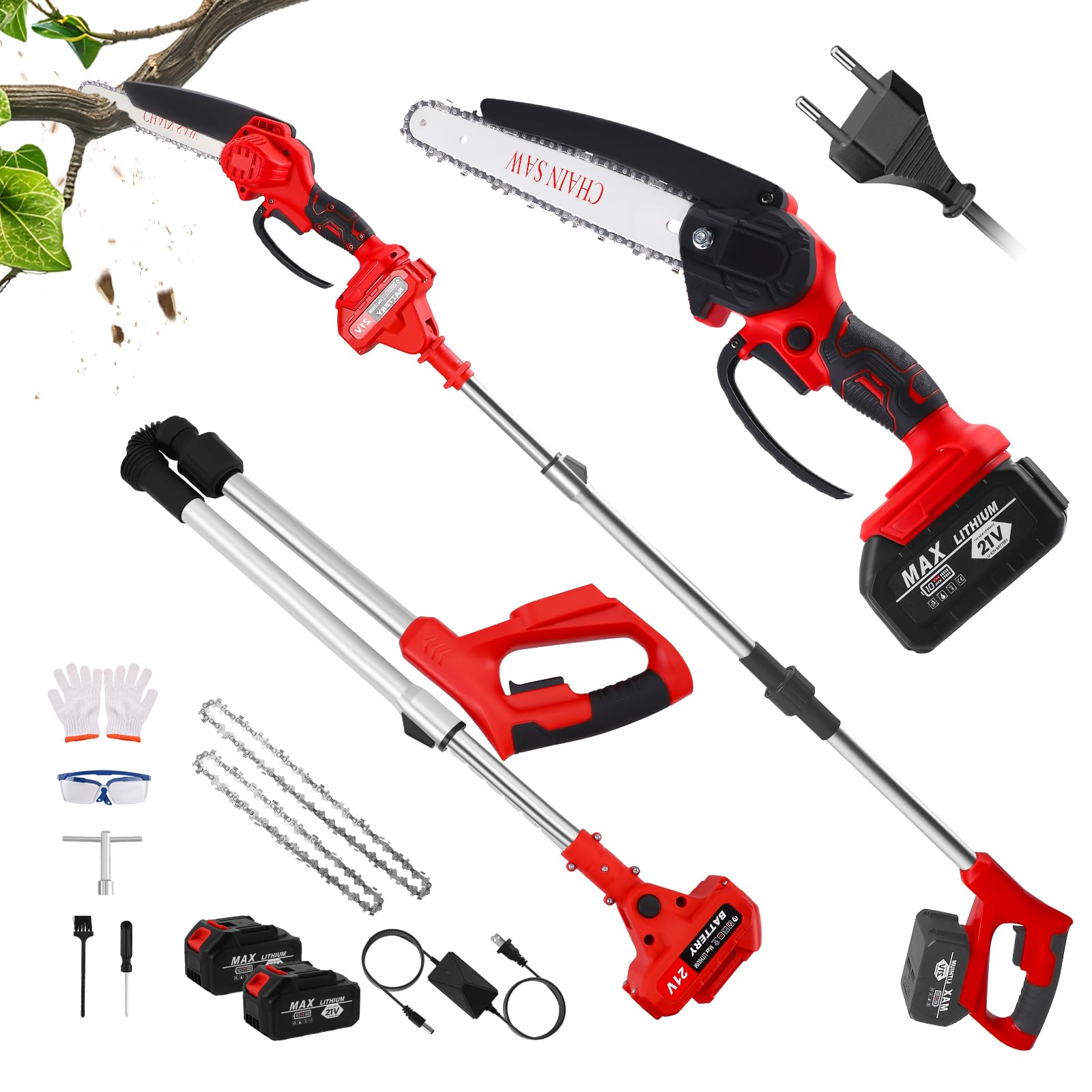 Minimotosierra de Batería 2-en-1, Podadora Eléctrica Batería 8 Pulgadas con Pértiga Plegable 180cm, Sierra Eléctrica Podar Arboles 2x2000mAh, Podadora de Altura para Jardín y Poda de Árboles