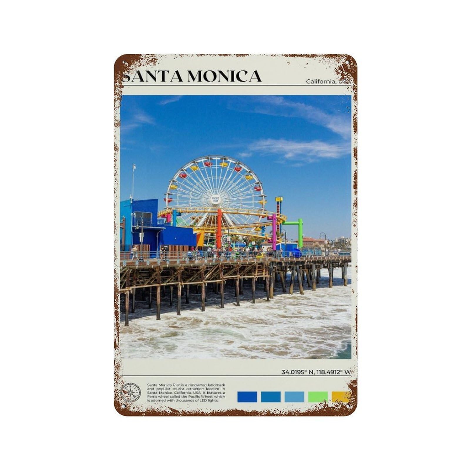 xiaoxiaoshen Real Photo Santa Monica California Wall Decor Art Metal Tin Poster Modern Home Decor Art Home Bar Shop Decorations Vintage Sign 30x20cm