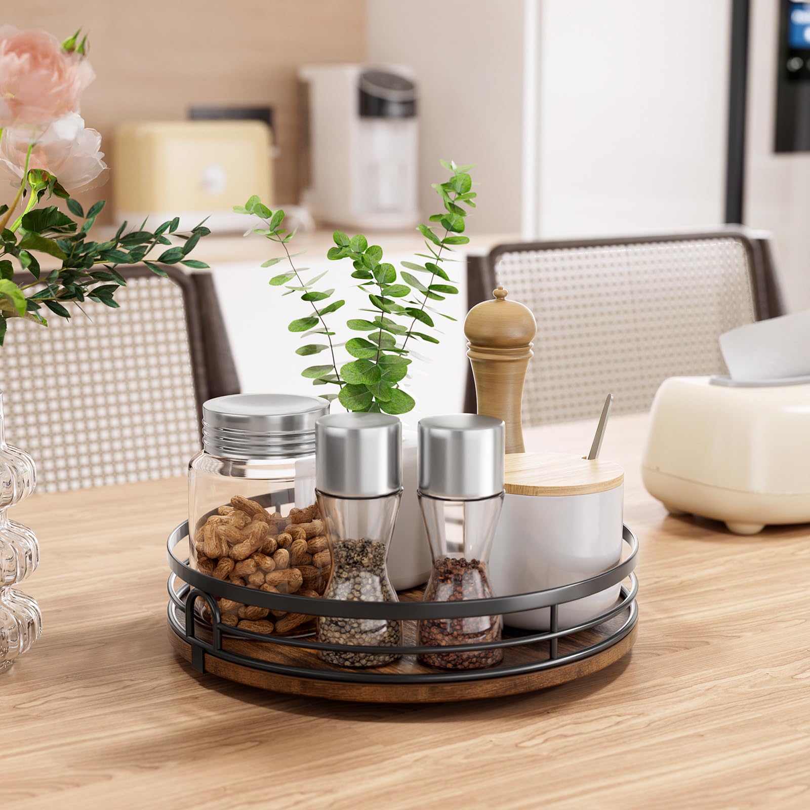 Lazy Susan - Organizador giratorio de 9 pulgadas para gabinete, redondo de madera Lazy Susan para mesa, encimera, cocina, despensa, especias, tocador de baño, decoración 3