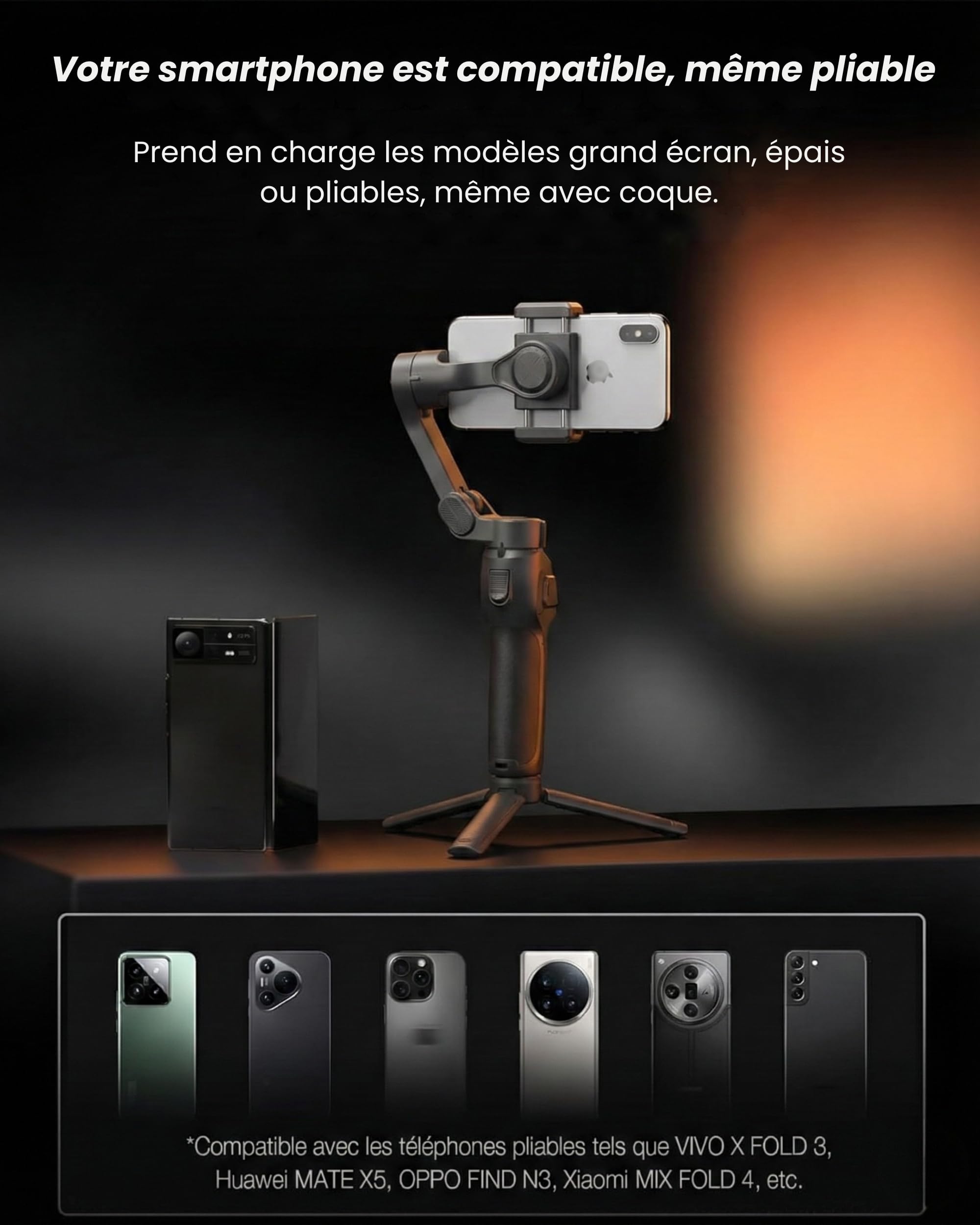 Studio Pro – Stabilisateur Smartphone 3 Axes avec Suivi IA, Éclairage LED, Micro-Cravate, Trépied Intégré & Batterie 13H | Gimbal compatible avec Iphone telephone Android | Kit Créateurs & Pros