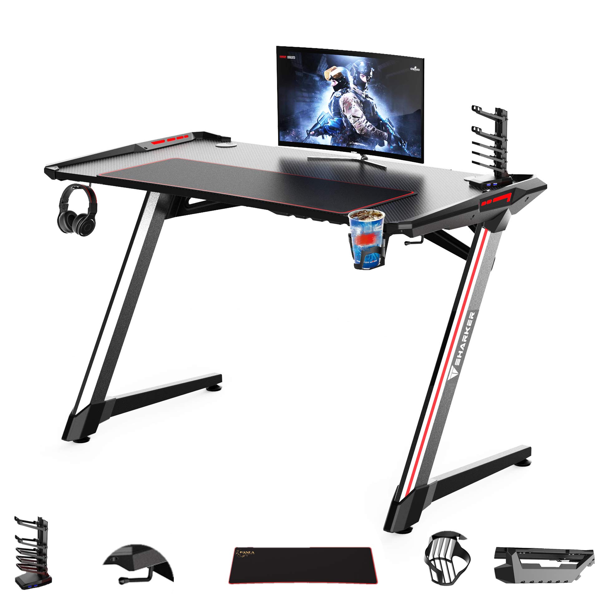 Amazon.co.jp: VSHARKER ゲーミングデスク 幅120cm奥行63cm高さ77cm  