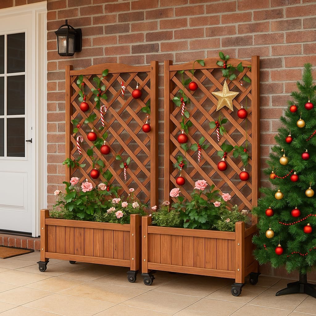 Upgraded 2-Pack 50" Tall Trellis Planter Box with Wheels, 49.8"H × 27.6"W × 13.0"D Solid Fir Wood Raised Garden Bed & Lattice Privacy Screen, Rolling Planter with Drainage for Patio/Garden