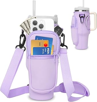 SINTENILL Water Bottle Carrier Bag for Stanley 40oz Tumbler with Handle, Neoprene Water Bottle Holder with 2 Pockets and Adjustable Shoulder Strap Hiking Camping Travelling Stanley Cup Accessories
