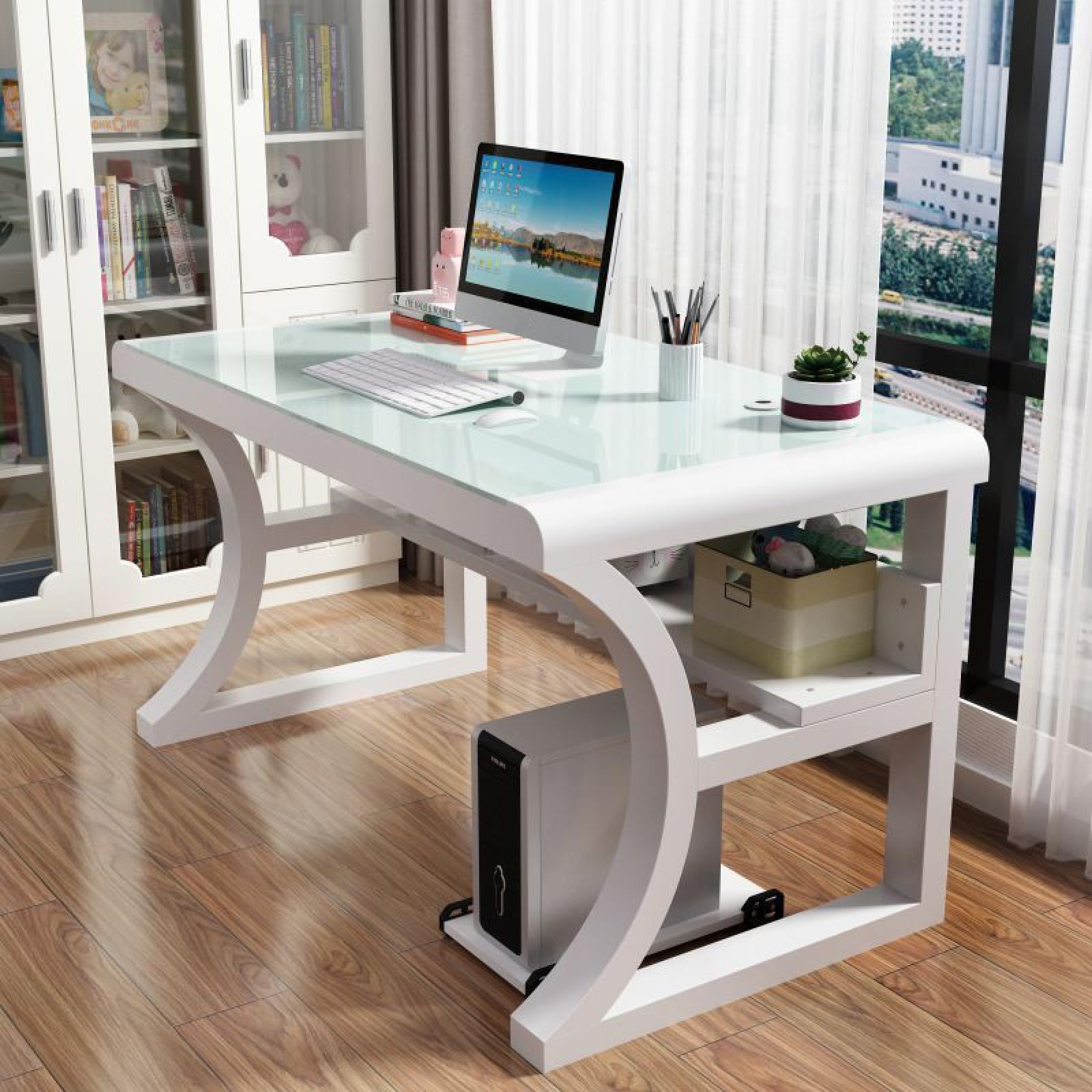 Scrivania per Computer in Vetro temperato con Ripiani portaoggetti - Scrivania da Gioco Semplice e Moderna Rosa per Ufficio Domestico - Ampia postazione di Lavoro (100x60x75 cm)