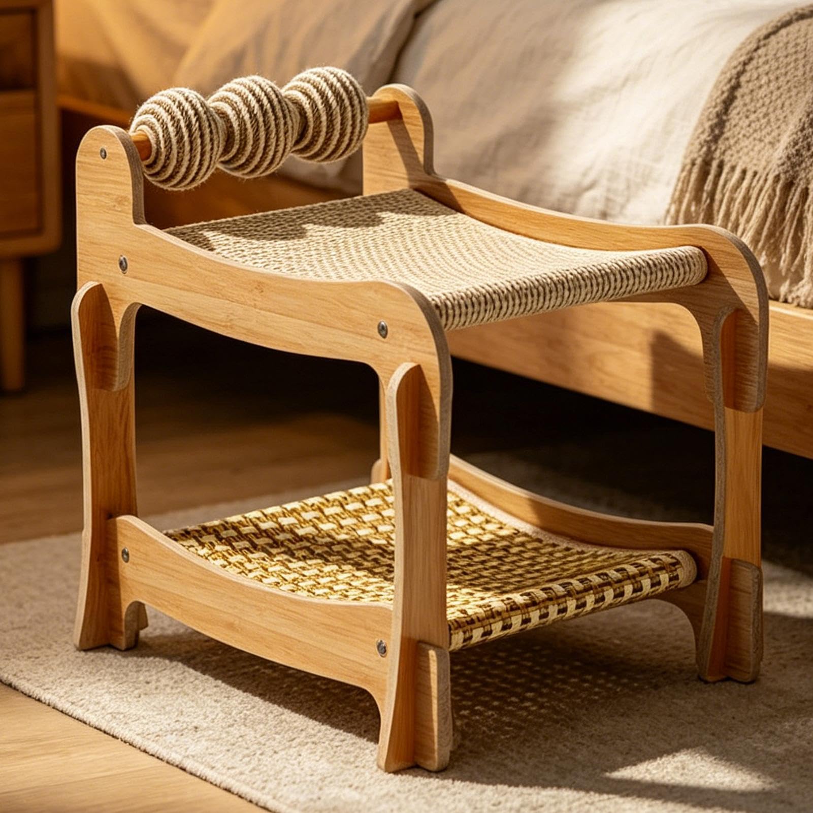 Cama Hamaca para Gatos Estructura De Madera Transpirable Y Elevada De Dos | Rascador Cama Litera para Mascotas Felinas En Hogar, Dormitorio, Apartamento, Habitación, Salón, Residencia, Piso,