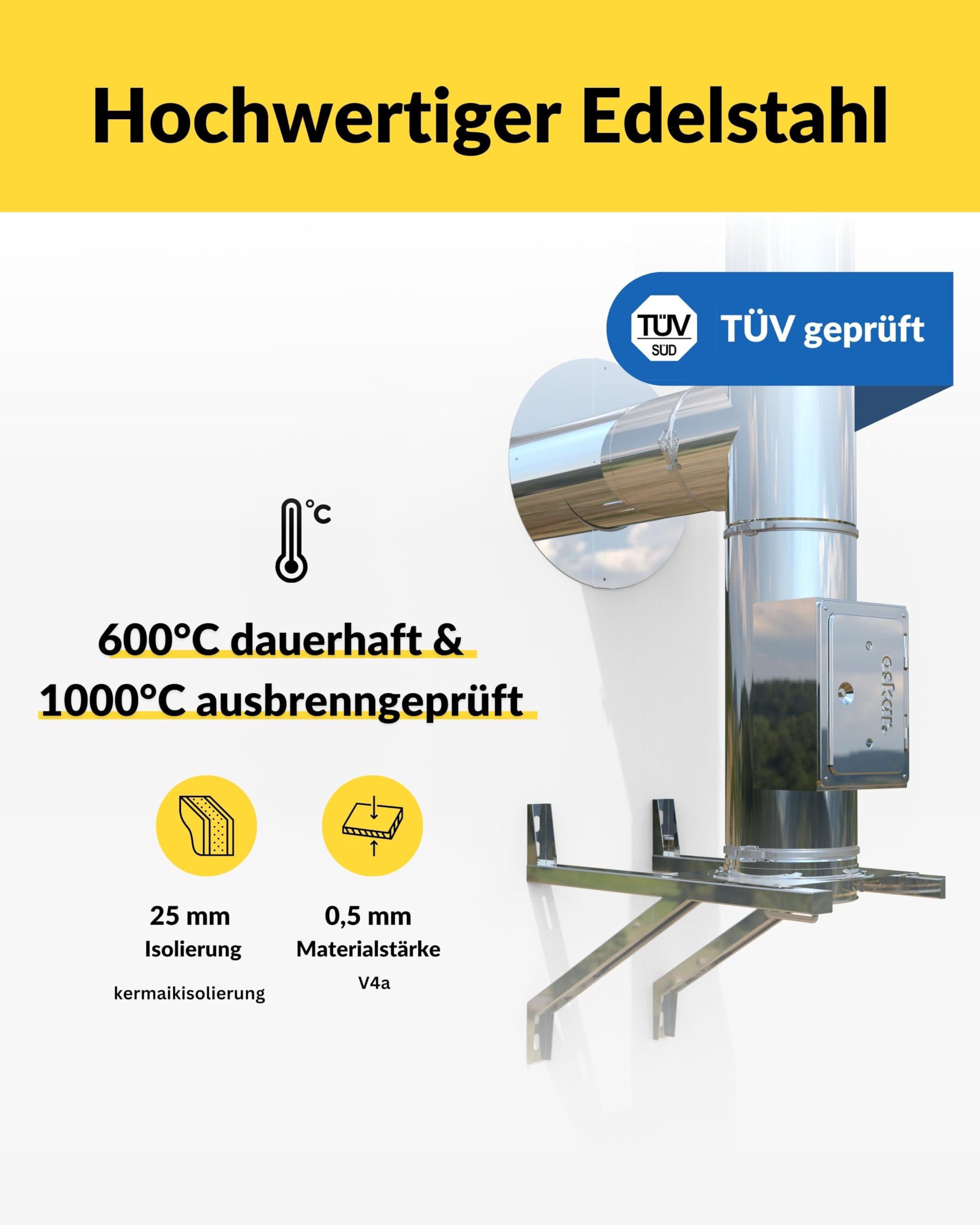 Edelstahlschornstein Oskar Ø 150mm Bausatz Länge 2,2m Kamin Komplettsatz 25mm Isolierung 0,5mm Wandstärke Wandabstand 300-600mm, Innovative Verbindungstechnik, Einfache Montage, Lange Haltbarkeit