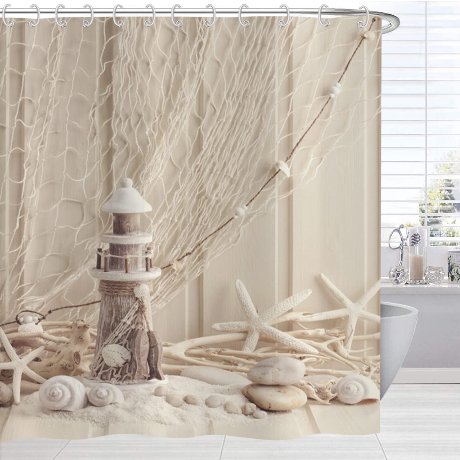 Hnmdmyi Beige Cream Shower Curtain 180x200, Beach Theme Fishing Net Starfish Seashell Wooden Lighthouse Bathroom Curtains Underwater Marine Life Nautical Waterproof Fabric Washable Bath Curtains