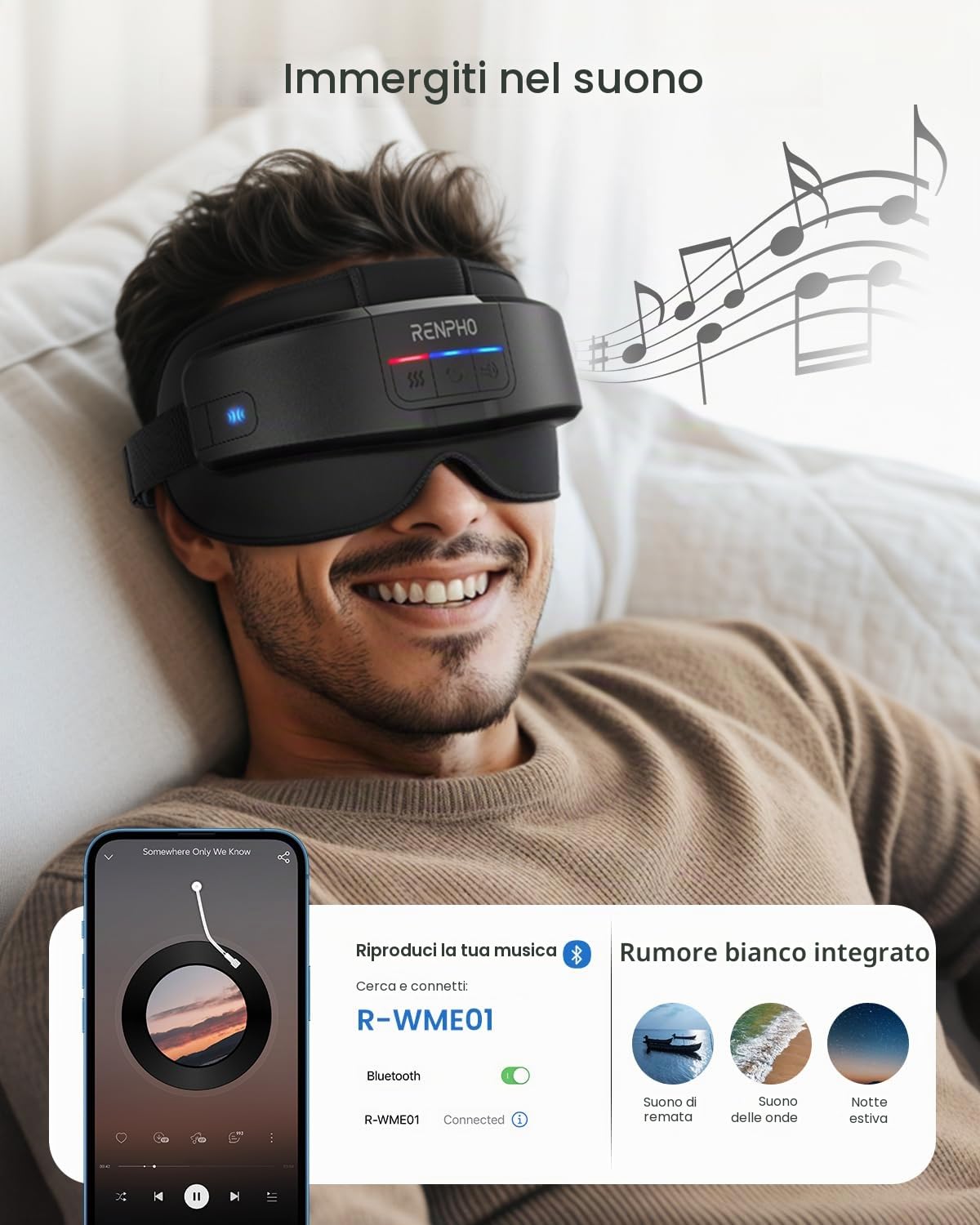 RENPHO Massaggiatore Occhi con Calore Bluetooth 3 Modi Maschera Testa Fronte Tempie Regalo Donna Uomo