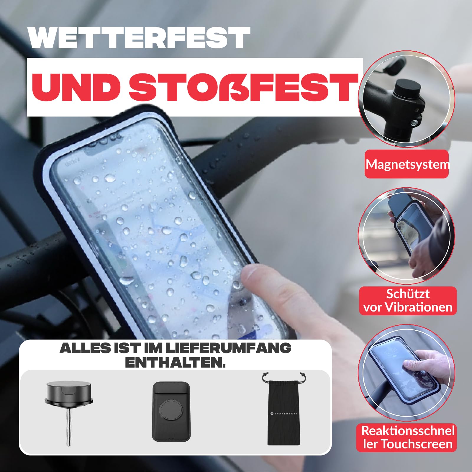 Shapeheart Fahrrad-Handyhalterung für Vorbau M6, abnehmbar & Weatherproof | Für alle Handys | M6-Gabelschaftmutter | Ahead 1⅛ Zoll (28–32 mm) | 1-Hand-Bedienung | Touchscreen | Rennrad, Gravel, MTB