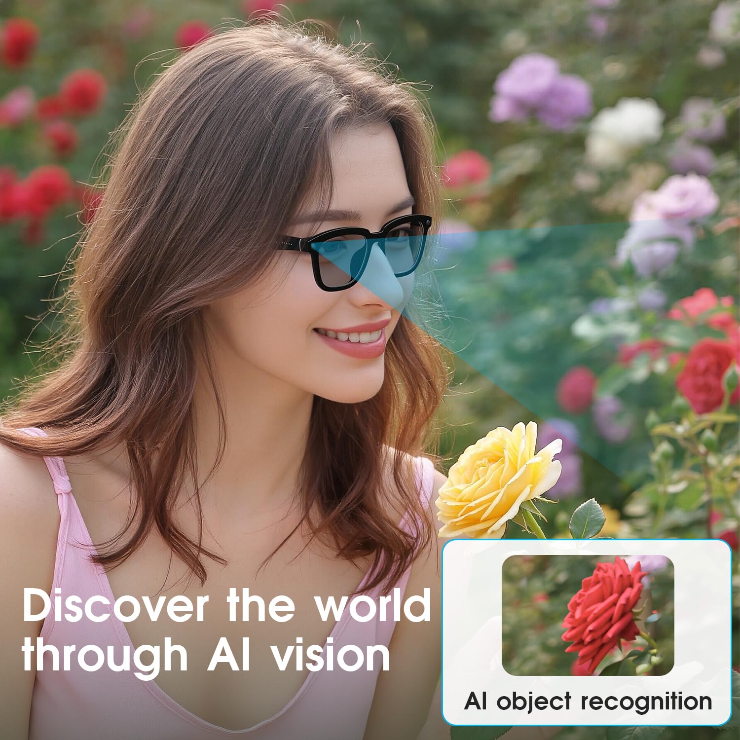 AI Smart Glasses Caméra HD 1200P avec 8 MP Anti-tremblement, lentilles photochromiques pour l'extérieur et Les Voyages, Enregistrement vidéo, Reconnaissance des Objets AI et intégration