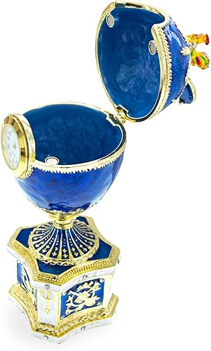 Miniatura 4 de BestPysanky 1904 Kelch Chanticleer Blue Esmalte Royal Imperial Huevo de Pascua con Reloj
