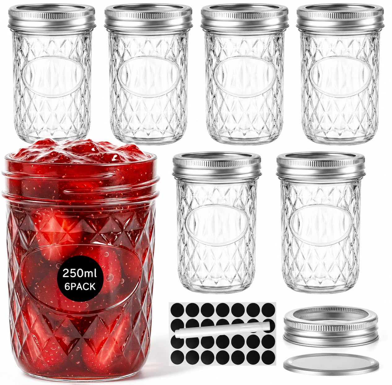 OAMCEG 6 Pack 250ml Mason Jars with Lids - Airtight Regular Mouth Glass Jars with Silver Metal Lid, Includes Round Sticker Labels and Marker Pen for Pickling, Jam, Honey, Overnight Oats, Food Storage
