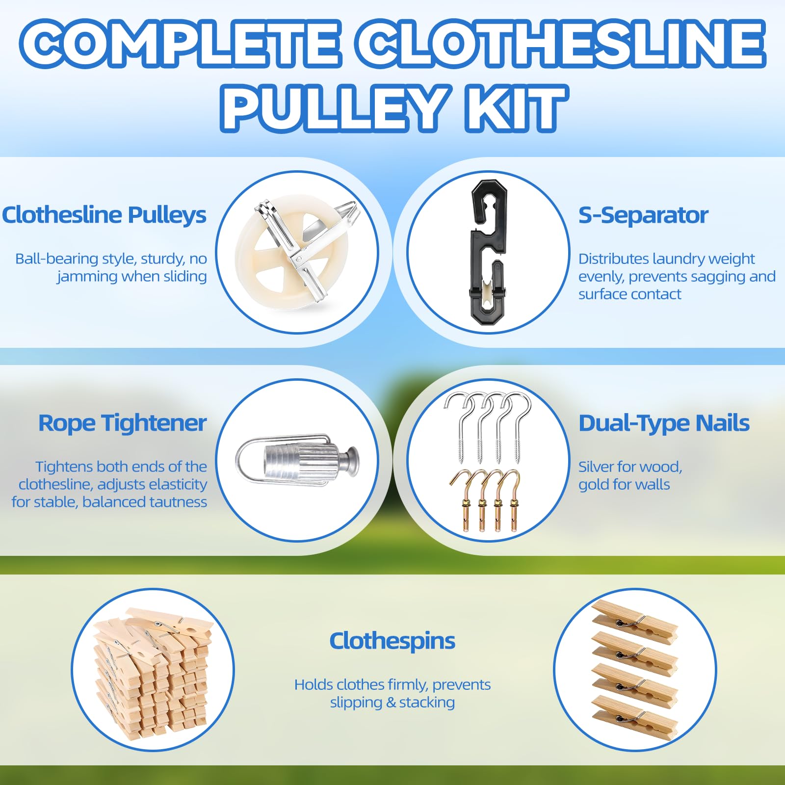 Wäscheleine Seilzug Kit, 50m Polyester Wäscheleine Seil Outdoor | Wäscheleine Seilzug Kit, mit S Separator Spreizer, Seilspanner, Haken für Kleidung, Wäscheleine Kit Outdoor