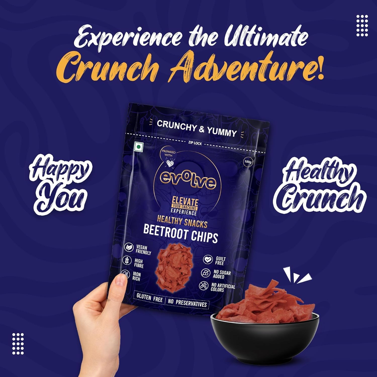 Evolve Beetroot Chips Healthy Snacks for Kids, Adults | Gluten Free, Vacuum Fried, Low Calorie, Vegan | No Additives, Ready to Eat, Masala Flavor - 100g Pack of 3 - Image 3 thumbnail