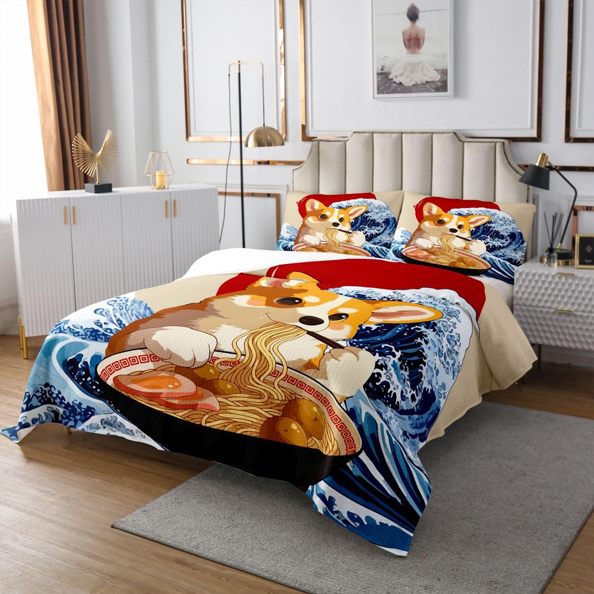 Manfei Japanischer Corgi Hund Bettdecke M Größe,Lustiger Hund Essen Nudeln Bettwäsche Sets für Kinder Frauen Männer Zimmer Dekor,Japan Anime Sonnenuntergang Welle Deckbett mit 2 Kissenbezug