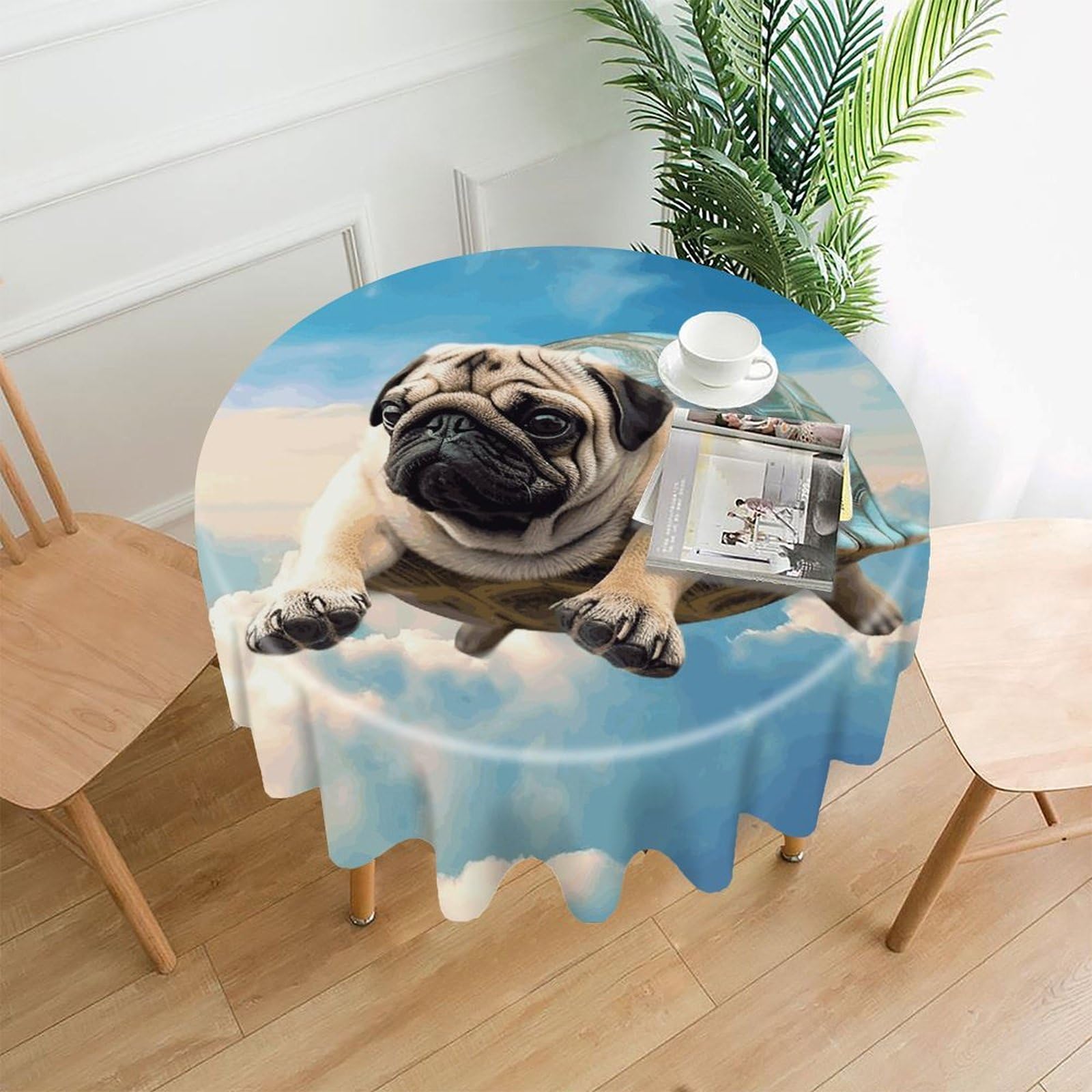 Funny Turtle Pug Dog in The Sky Tablecloth Exquisite Wrinkle-Free Straight-Edge Round Table Cloth Anti-Fading Premium Polyester Tablecloth Waterproof Folding Table Cloths for Tables Decor