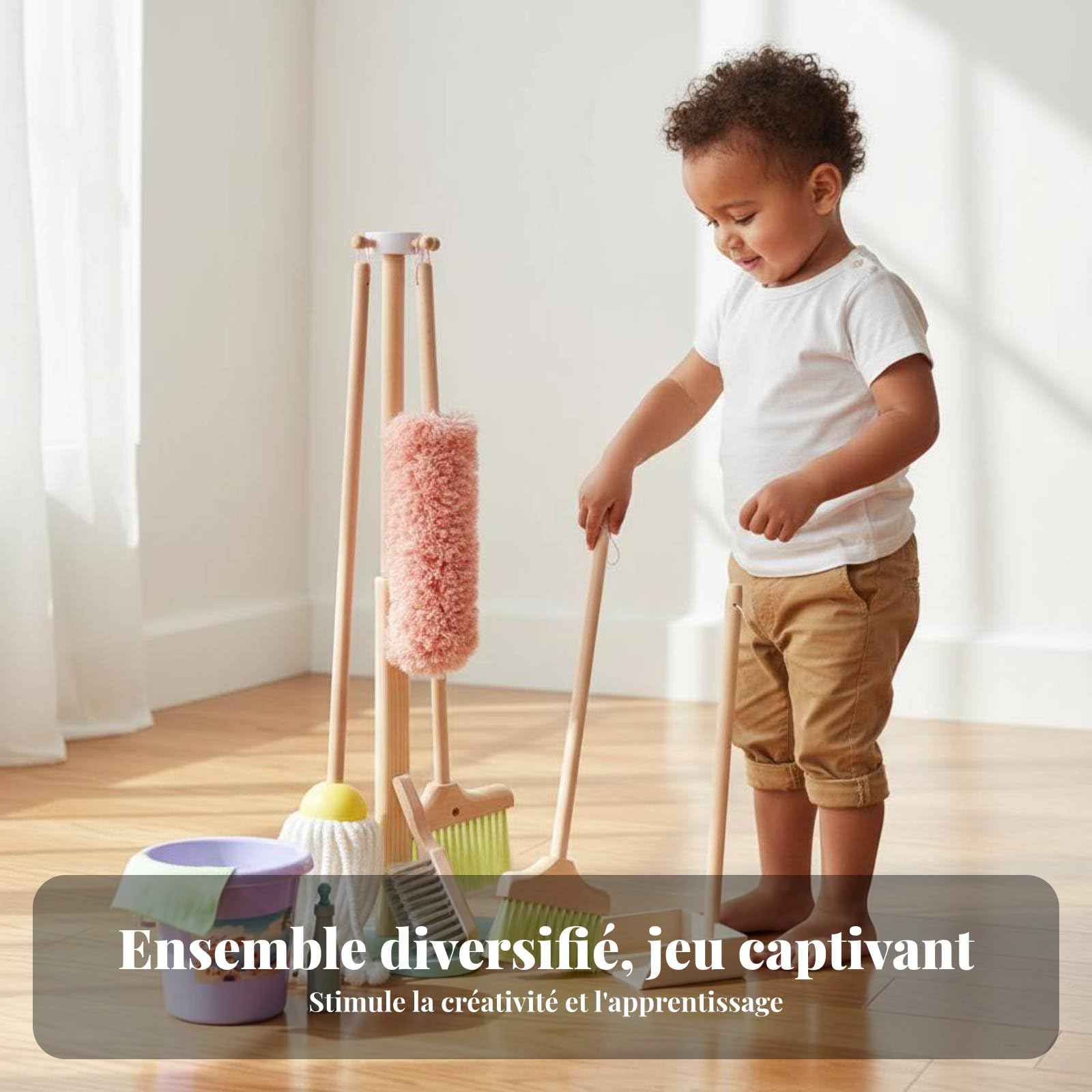 Amagogo Carrello Pulizia Bambini con Duster Scopa Paletta Spazzola Kit Gioco Educativo Struttura Legno Favorisce Sviluppo Abilità Motorie Adatto a Asilo Casa Attività Ricreative