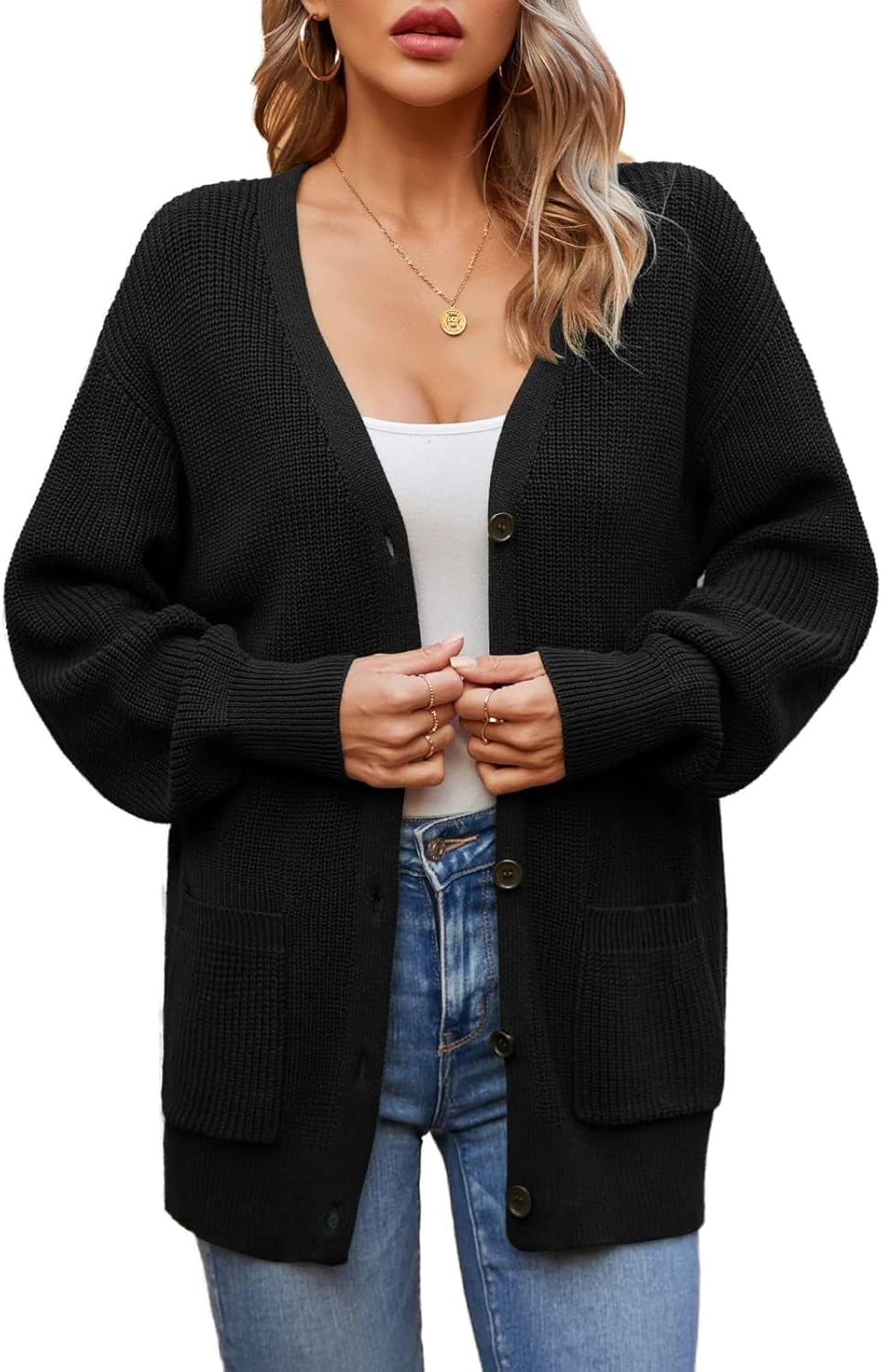 QUALFORT Women's 100% Cotton Cardigans for Women Lantern Sleeve Oversized Sweater with Pockets Womens Fall Cardigans 2026 - Image 5