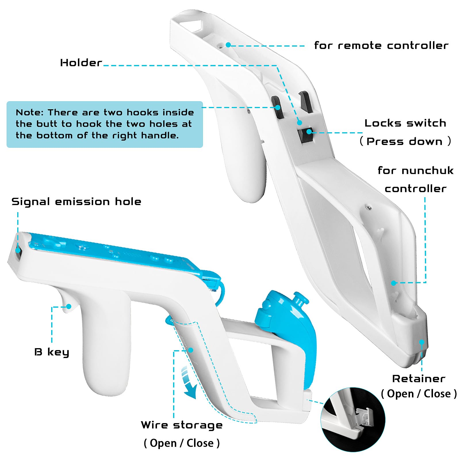 Machine-Ya Wii Zapper Gun et volant compatibles avec Nintendo Wii et Wii U Remote Game (lot de 2, blanc)