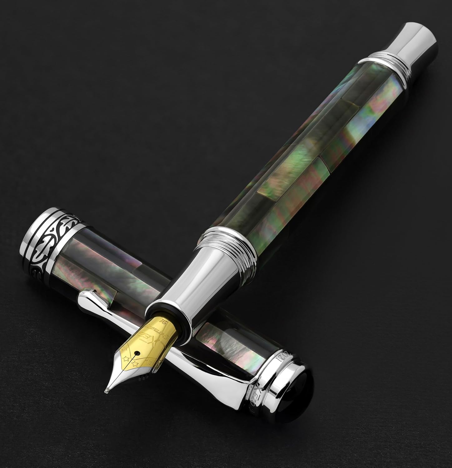 Xezo Maestro Fountain Pen, Medium Nib. Handcrafted with Black Mother of Pearl Inlay. Platinum Plated. Limited Edition, Serialized. No Two Alike