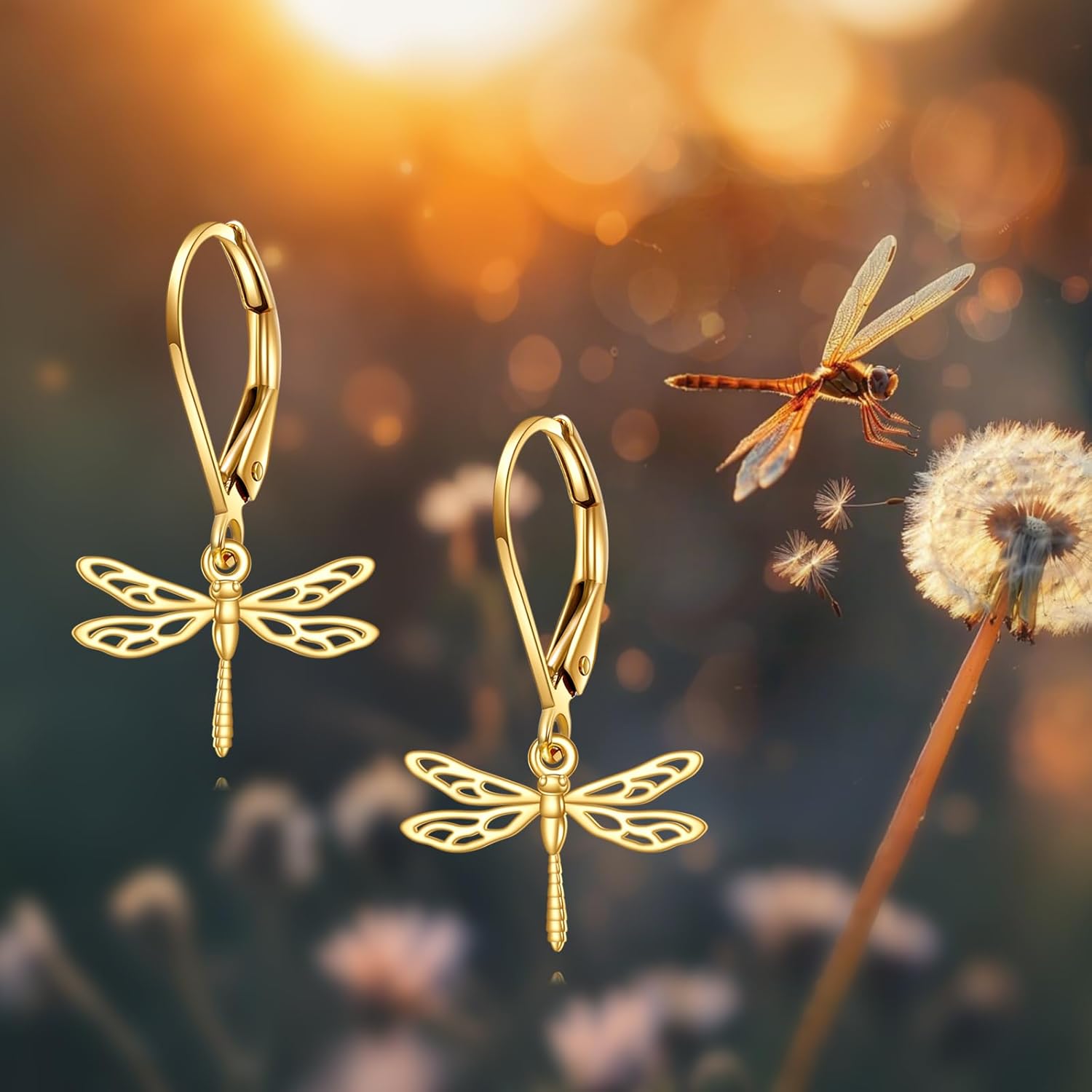DOVRAN 10K/14K Real Gold Dragonfly Earrings Cute Animal Leverback Dangling Earrings Dragonfly Jewelry for Women - Image 6