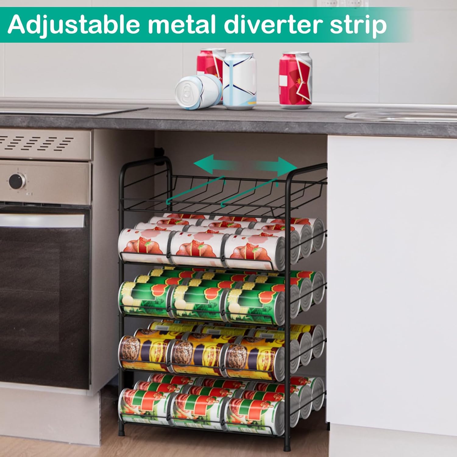 smusei 5 Tier Can Organizer for Pantry Shelf Large Capacity Drink Organizer Holds 60 Cans of Soda Can Dispenser with Adjustable Metal Diverter Strip for Kitchen Cabinet Cupboard, Black