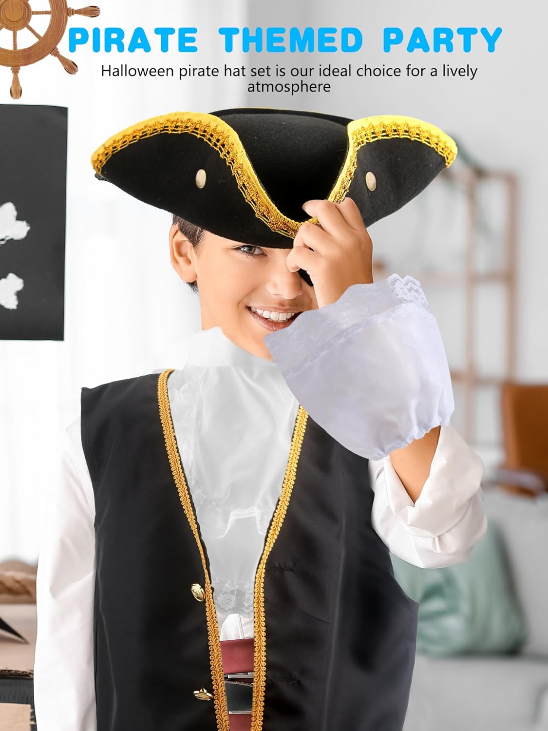 6 Pcs Kids Pirate Tricorn Hat Costume Set Pirate Colonial Vest Tricorn Hat White Colonial Lace Socks Lace Collar for Boys Halloween Masquerade Party Cosplay