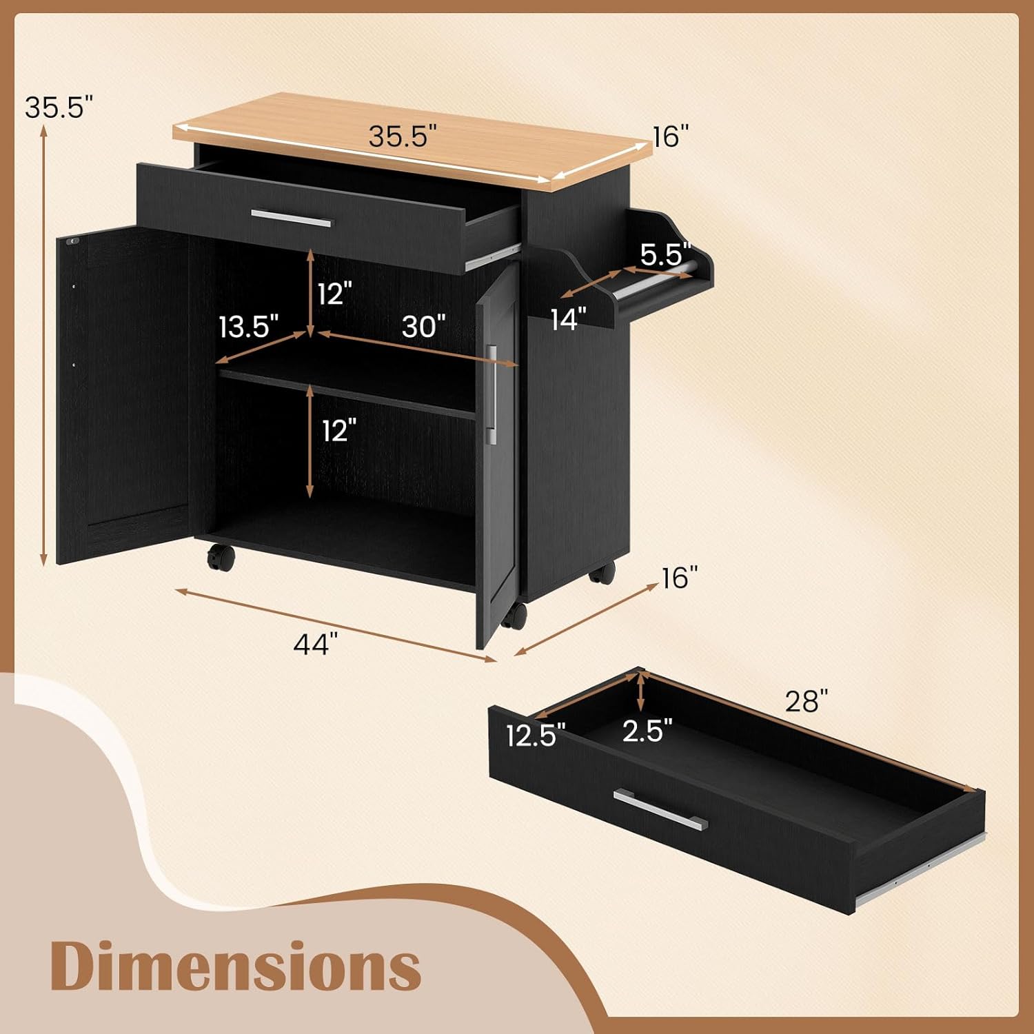 Giantex Kitchen Island, Rolling Kitchen Cart with Spice and Towel Rack, Large Drawer & 2-Door Storage Cabinet, Home Service Cart on Lockable Wheels, Wood Kitchen Trolley, Spacious Tabletop (Black)