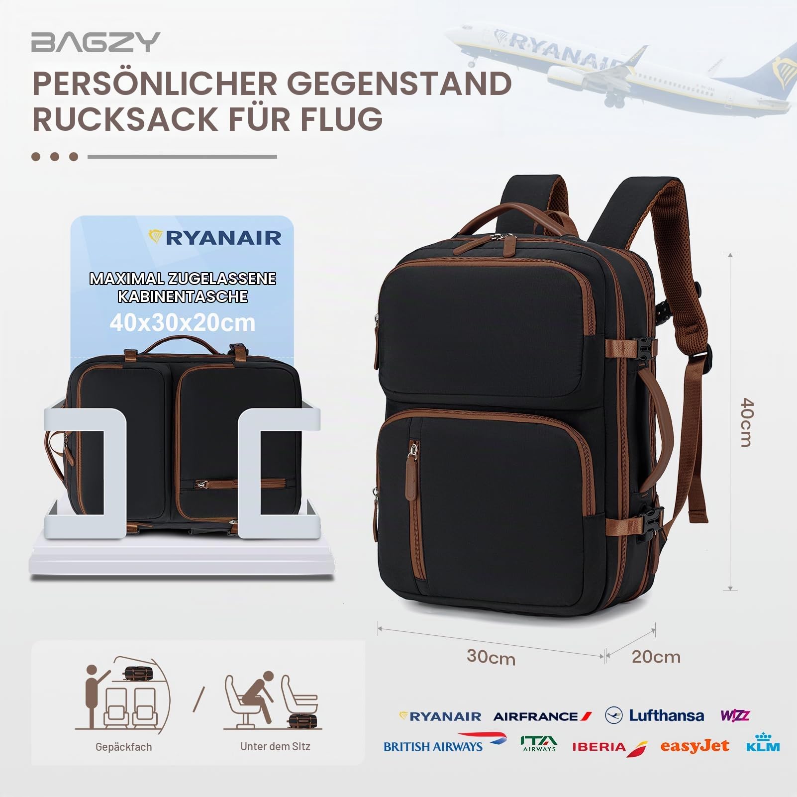 BAGZY Handgepäck Rucksack 40x30x15cm (erweiterbar auf 40x30x20cm) für British Airways, Air France, Ryanair, Wizz Air 15,6" Laptop Rucksack mit USB, Wasserabweisend, Carry-on Luggage für Arbeit,Reisen
