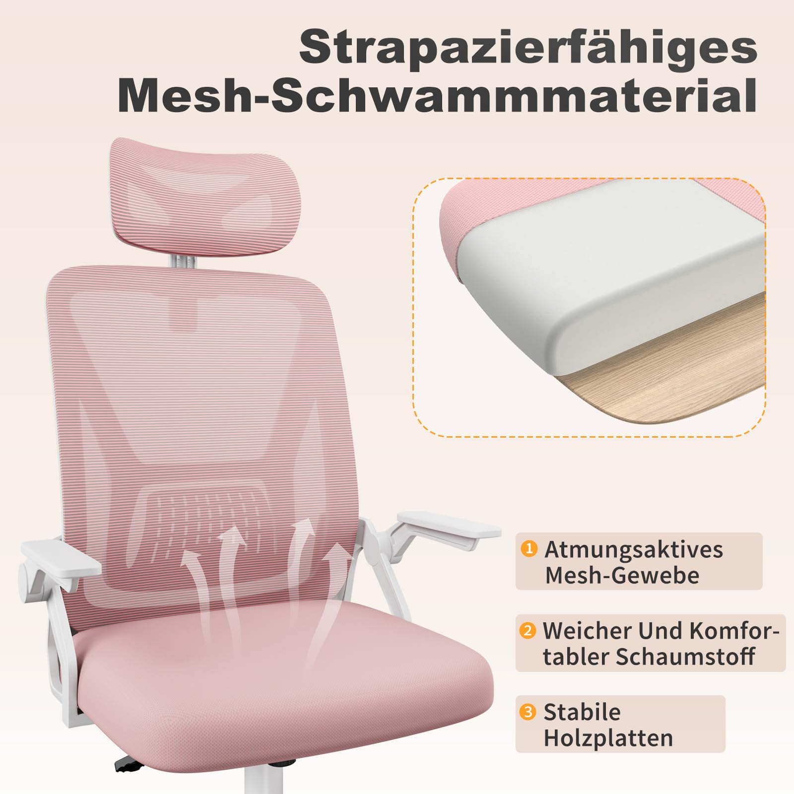 naspaluro Bürostuhl mit Lenden- und Kopfstütze, Drehstuhl mit 90° Klappbaren Armlehnen (Mit Kopfstütze, Rosa)