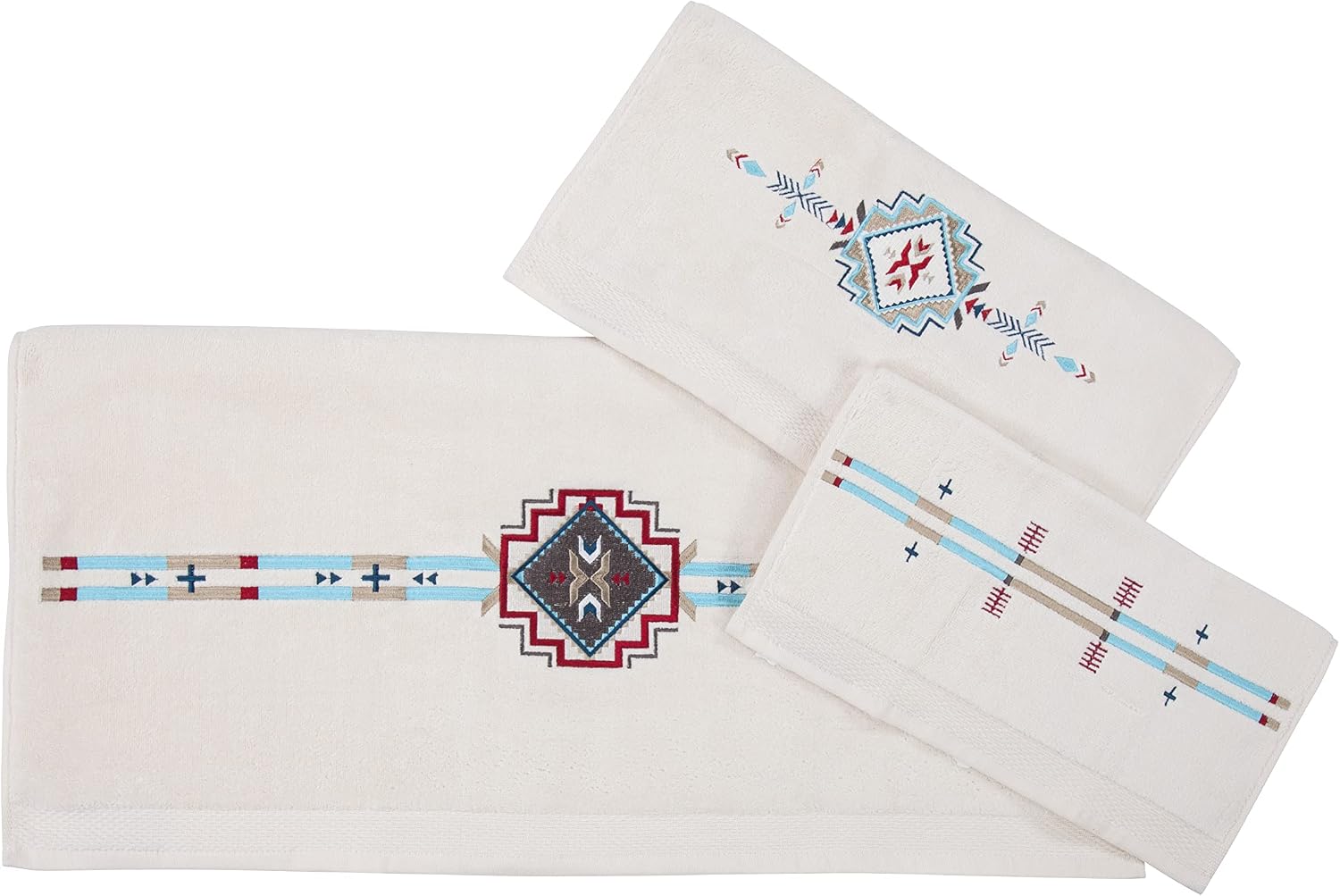 Paseo Road Spirit Valley Western Towels, 3 Piece Cream Bath Towel Set with Geometric Pattern, Embroidered Cotton Aztec Tribal Southwestern Towels for Bathroom