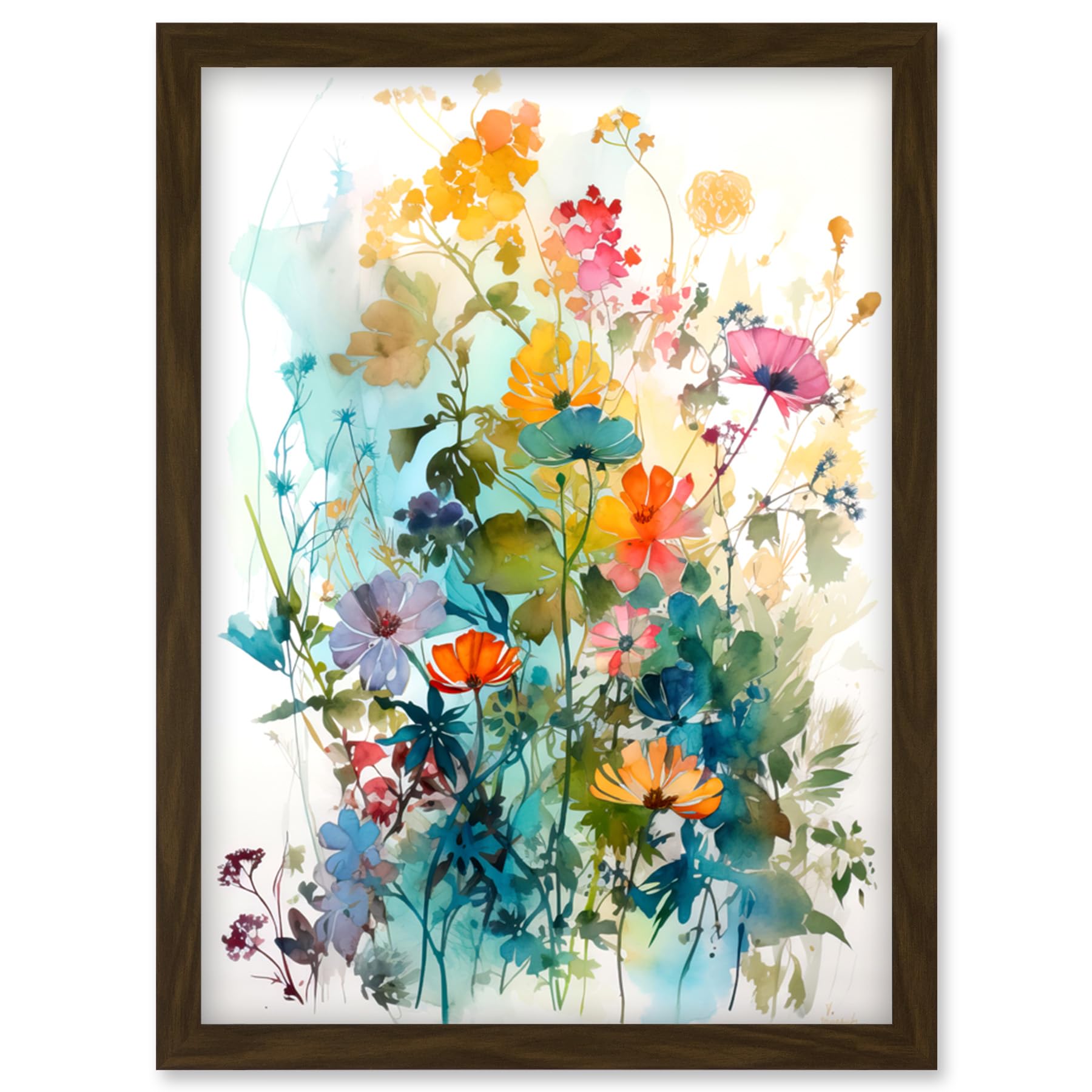 Artery8 Wild Flowers Watercolour Painting Rainbow Colour Bright Floral Spring Field Artwork Framed Wall Art Print A4