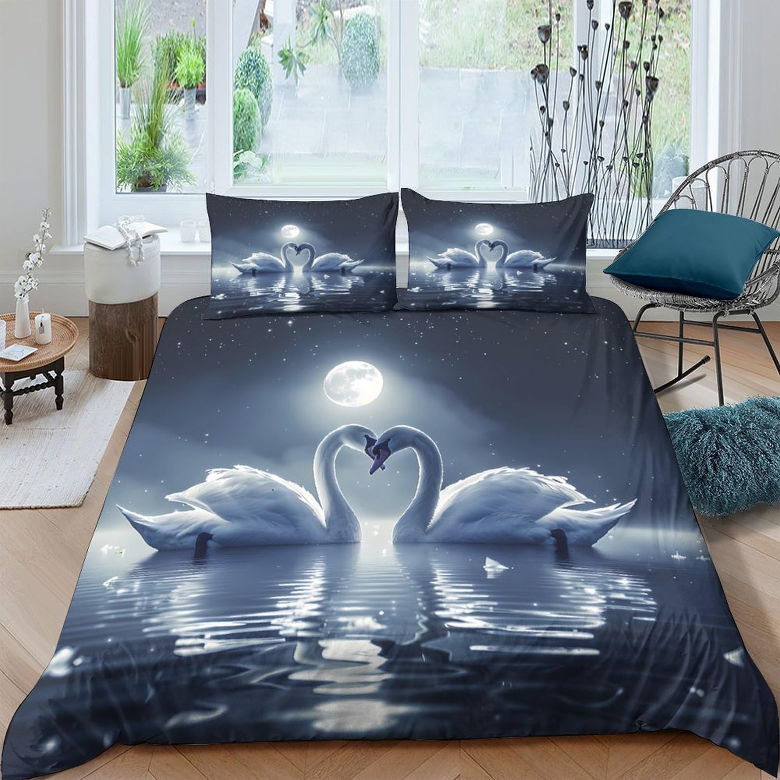 Ctjqhvkz Style-5 3D Printed Swan Lake Fitted Sheet Microfiber Anti-Slip Moonlight Heart Bed Cover For Bedroom Guest Room Decor Single（135X200cm）