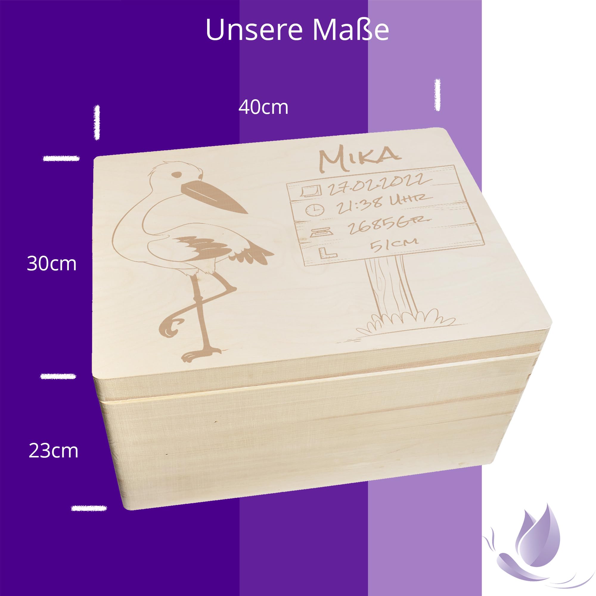Scatola dei ricordi personalizzata per neonati e bambini con incisione cicogna – Scatola in legno per bei ricordi – Scatola in legno 40 x 30 x 23 cm