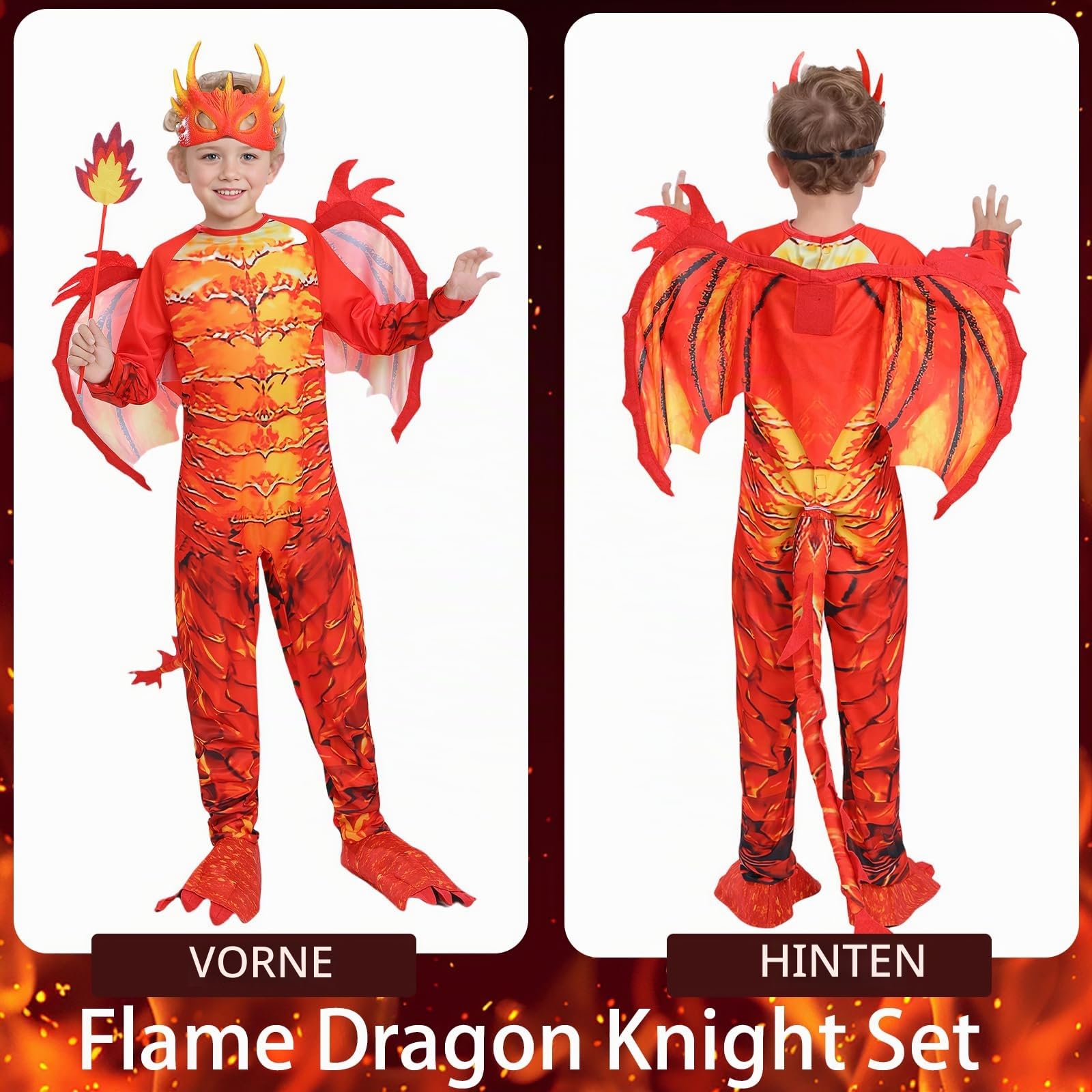 Kind Jungen Drachenkostüm, 110/120/130 Kostüm Drache Kinder, Drachenflügel, Maske, Drachen Jumpsuits, Weihnachten Party Halloween Carnival Cosplay Kostüm für 4 5 6 7 8 Jahre Kinder