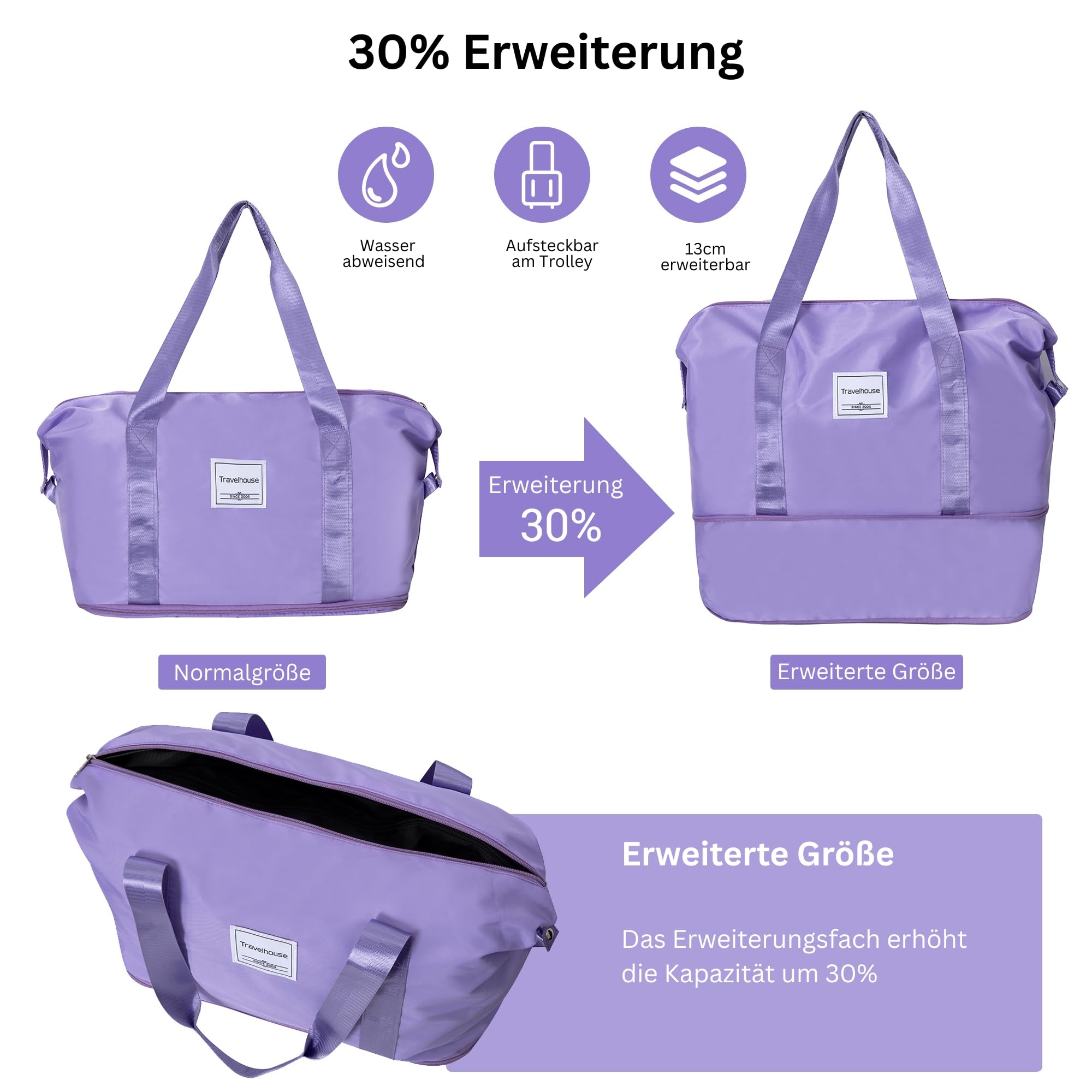 Travelhouse Ascona - Set di 5 bagagli, valigetta con ruote, policarbonato + custodia rigida ABS, borsa da viaggio e beauty case, set di bagagli a mano, viola/lilla, 77x30x53 cm, Set di valigie
