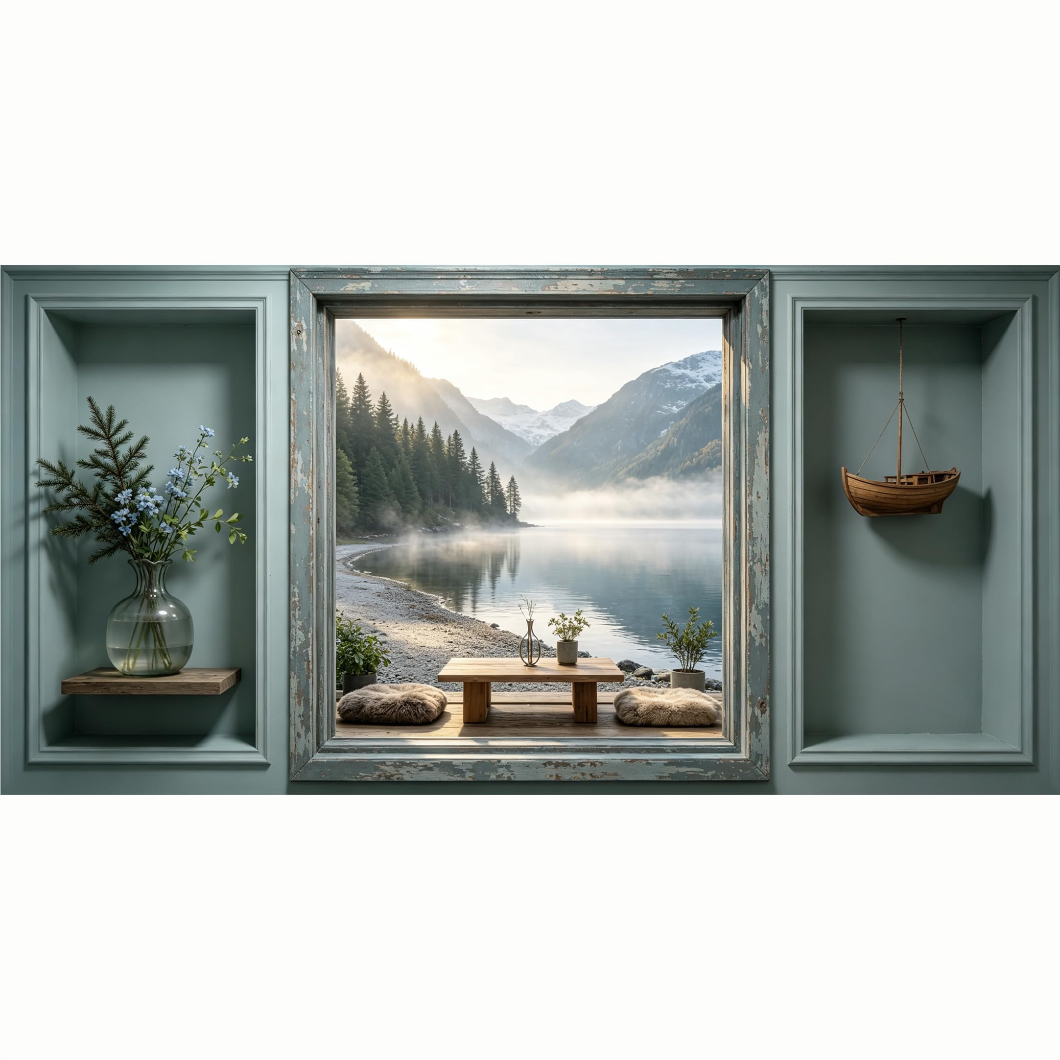QZLITHOTIC 50x100cm 3D Framed Wall Art， Misty Mountain Lake Landscape SelfAdhesive Mural， WaterActivated Peel & Stick Fabric Decor Wall Decal for Bedroom Living Room