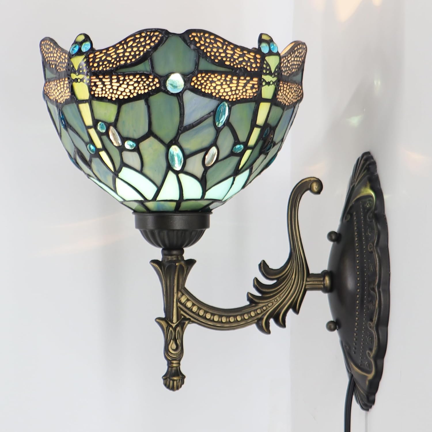 Wall Sconce Lamp Plug in with 8 inch Stained Glass Lampshade 8X10.5X11 Inch Stained Glass Wall Lamp (Sea Blue Dragonfly)