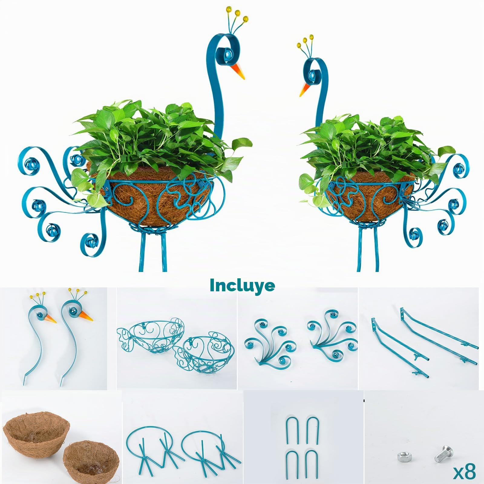 2 macetas de pavo real azul con cesta, jardineras de metal para interior y exterior, decoración de patio