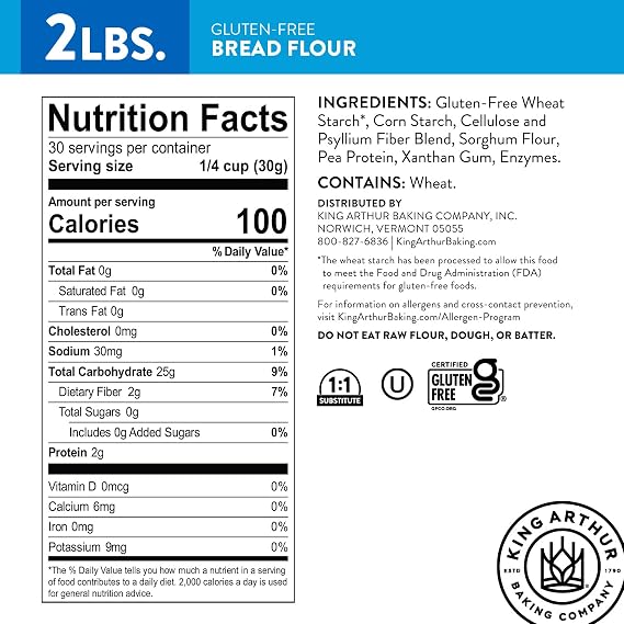 King Arthur Gluten-Free Bread Flour, 1:1 Replacement for Yeasted Recipes, 2 lb (Pack of 1) - Premium GF Flour for Artisan Boules, Bagels, Cinnamon Rolls & Burger Buns - Sorghum & Xanthan Gum