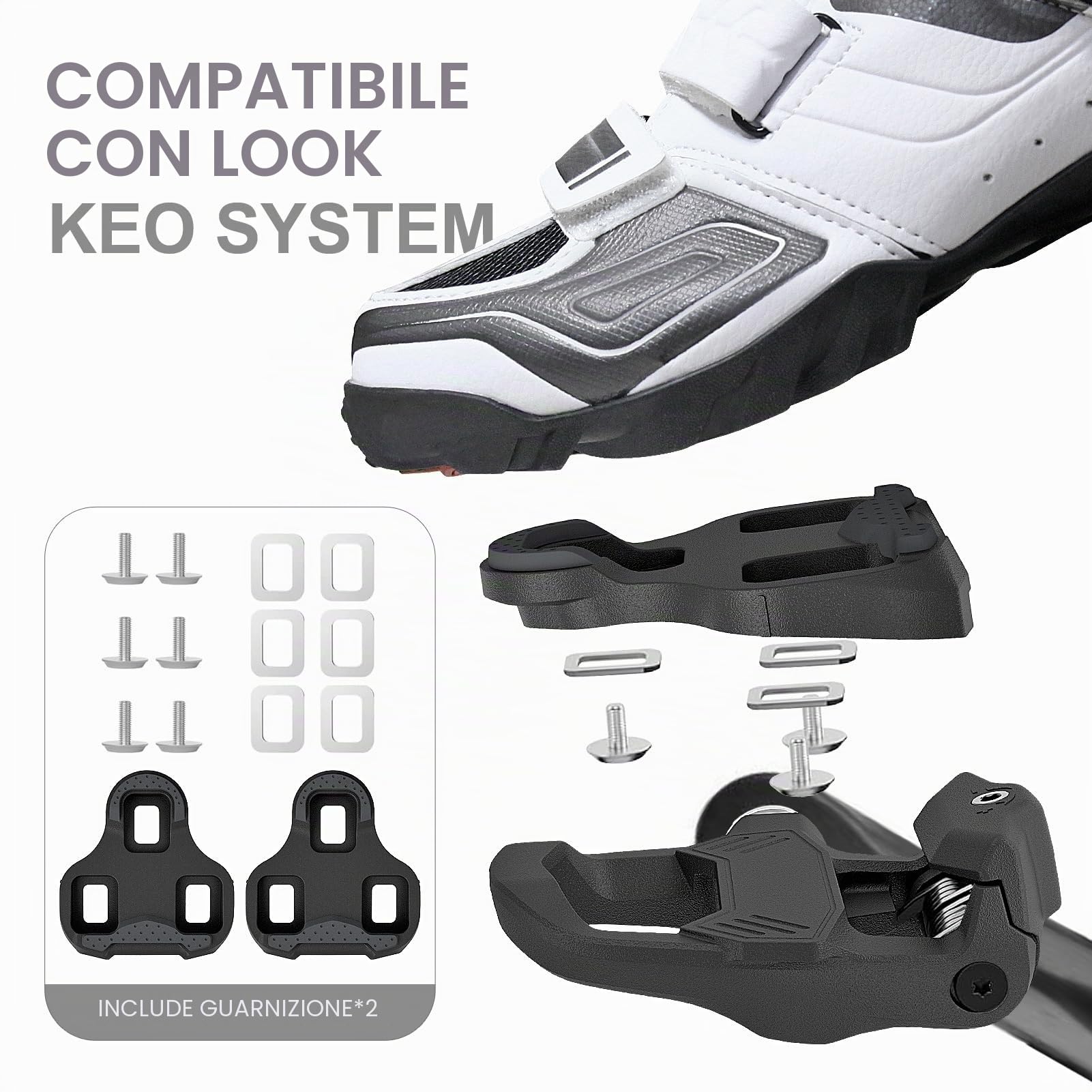 MZYRH Pedali senza clip compatibili con il sistema Look KEO | Pedali per bici da corsa in nylon da 9/16 pollici, leggeri, set di tacchetti