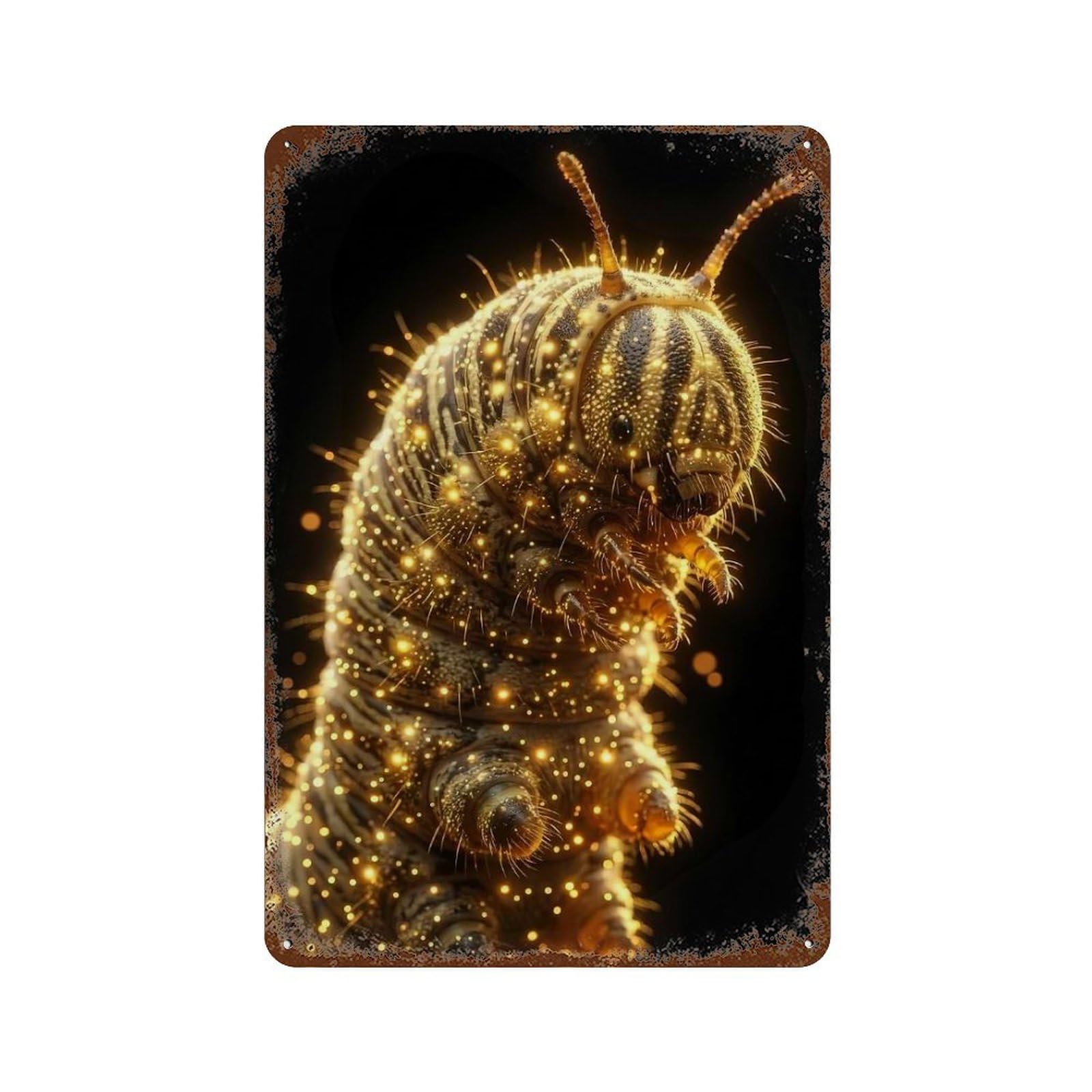 Weathered Tin Sign Glowing Caterpillar on Black Background 11.8"x7.9", Rustic Home Decor for Bistro, Counter And Cafe Decor