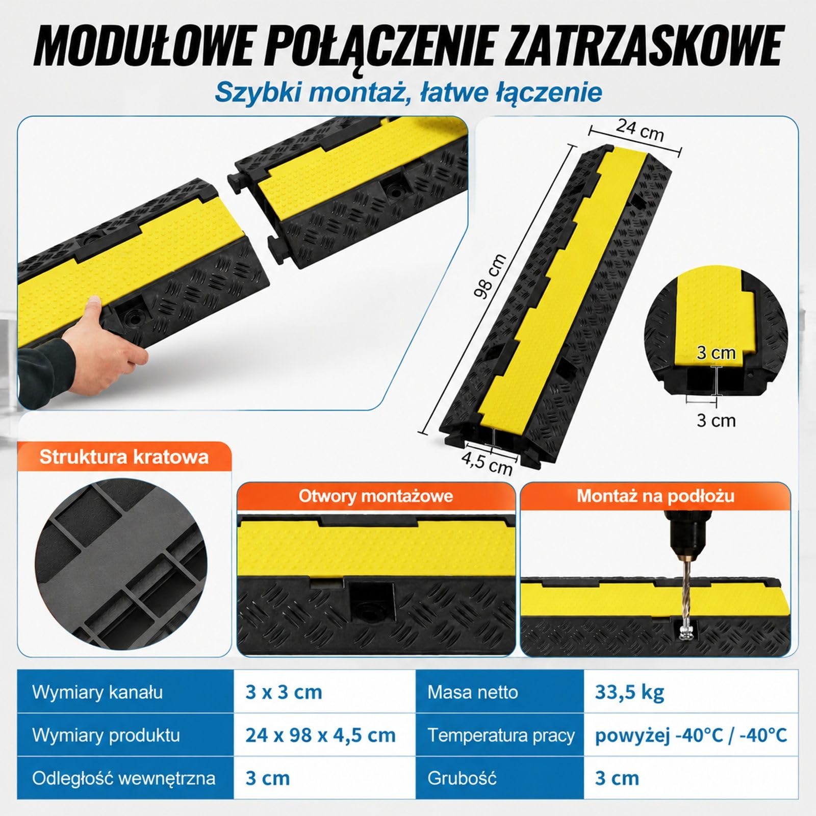 Rampa kablowa zestaw 5 sztuk, 2 kanały, czarno żółta, guma i PVC, do parkingu i prowadzenia kabli