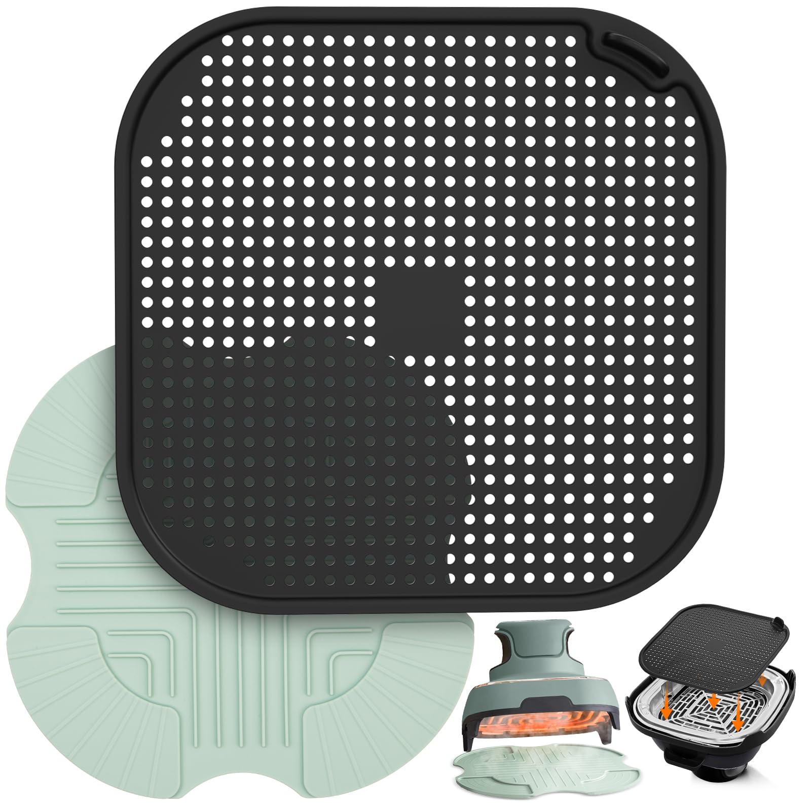 2-PCS Air Fryer Heat Resistant Mat & Splatter Shield for Ninja Crispi Air Fryers,Silicone Heat Mat & Splatter Guard for Ninja Crispi Accessories Prevent Splashes and Portable Kitchen Aid Green&Black
