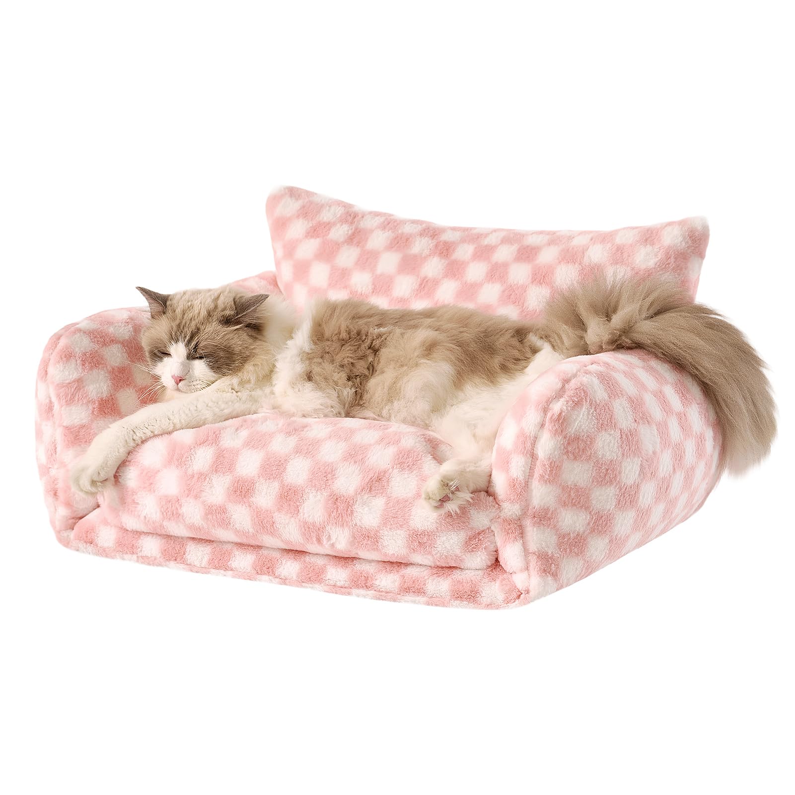 Hollypet Cat Bed Fluffy Plush Mutifuctional Double-Layer Soft Pet Couch Orthopedic Sofa Nest Beds for Small Cats and Dogs, Pink and White (25x20x13 inch)