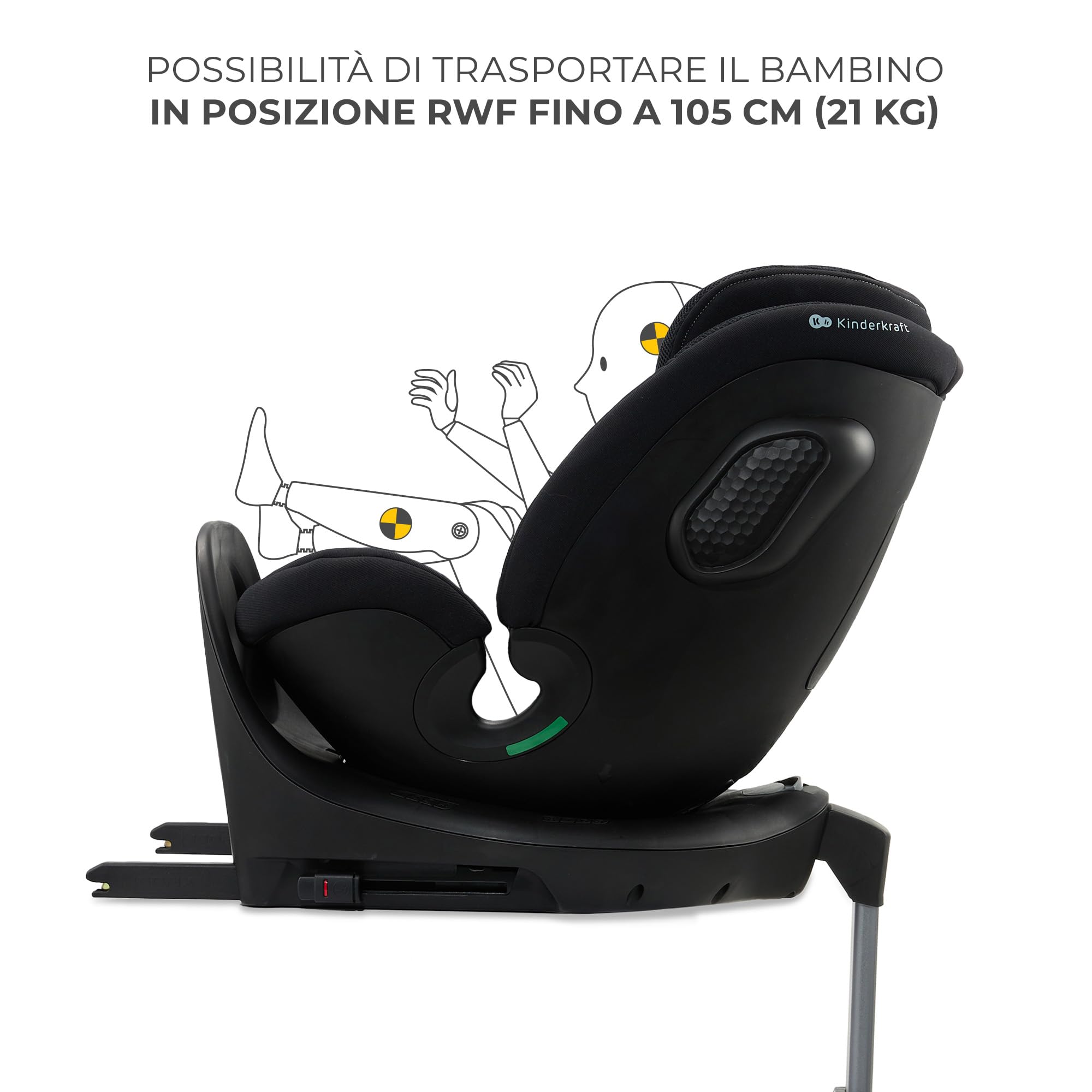 Kinderkraft XRIDER2 Seggiolino auto 0-21 kg, I-SIZE 40-150 cm, Seggiolino 360 girevole, con Isofix Base, Reclinabile Posizione sdraiata, FWF, RWF, reclining, Nero