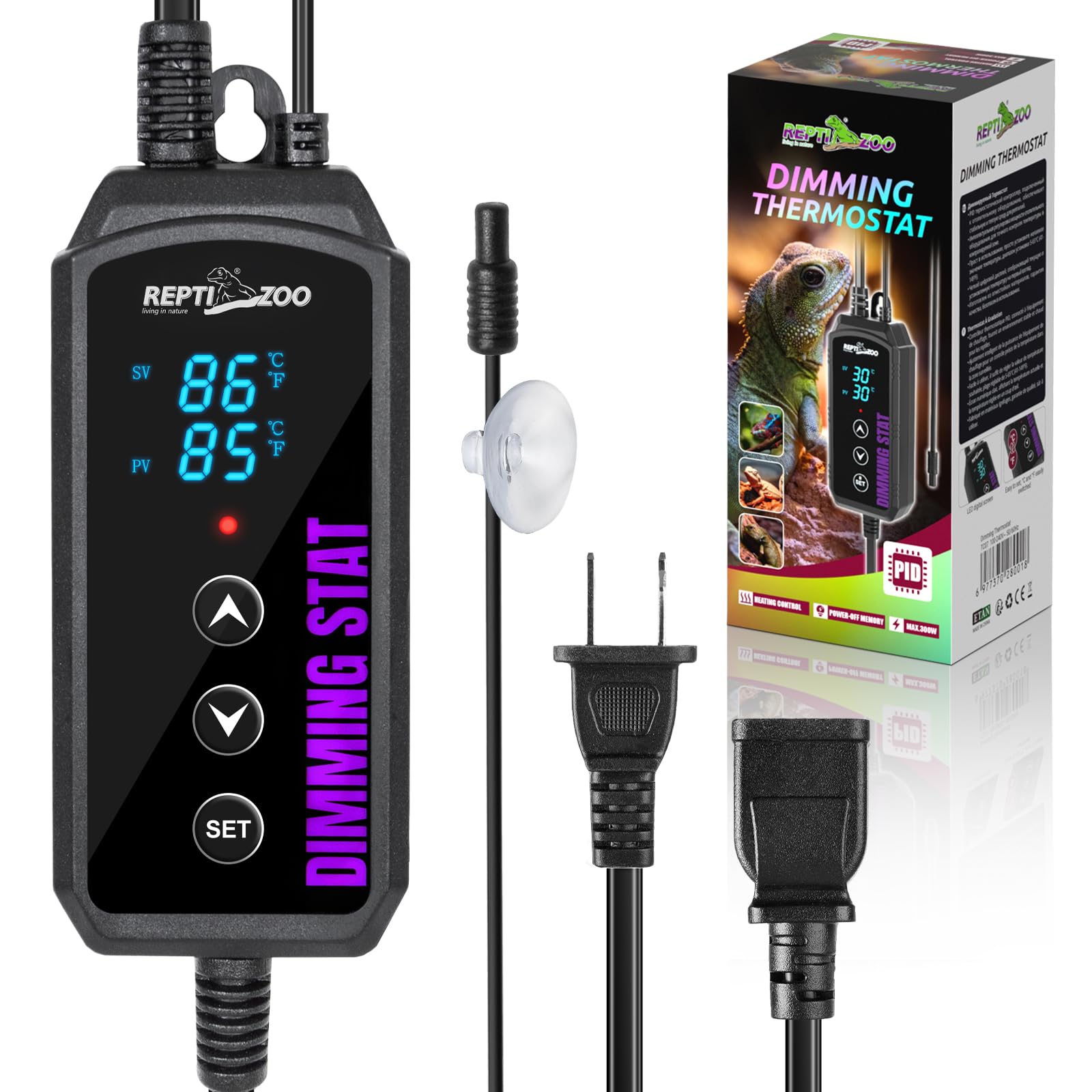 REPTI ZOO Reptile Dimming Thermostat, PID Heat Lamp Temperature Controller with LED Digital Screen for Reptile Heat Lamp Heat Mat & Heaters, Memory Function